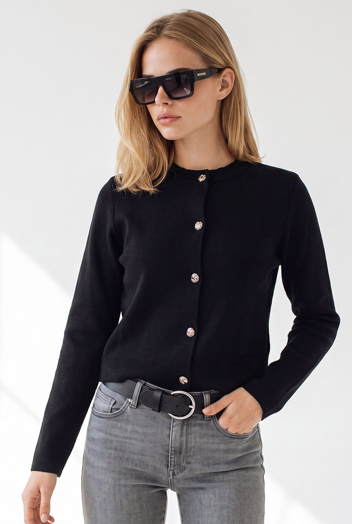 Gold Düğmeli Crop Basic Hırka Siyah