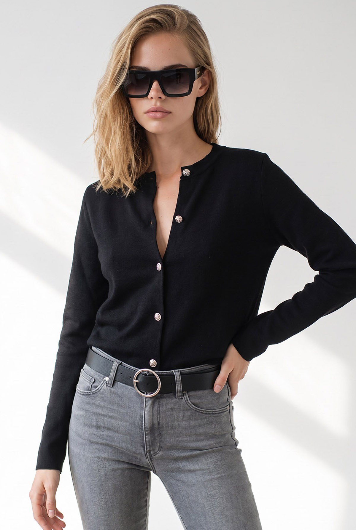 Gold Düğmeli Crop Basic Hırka Siyah