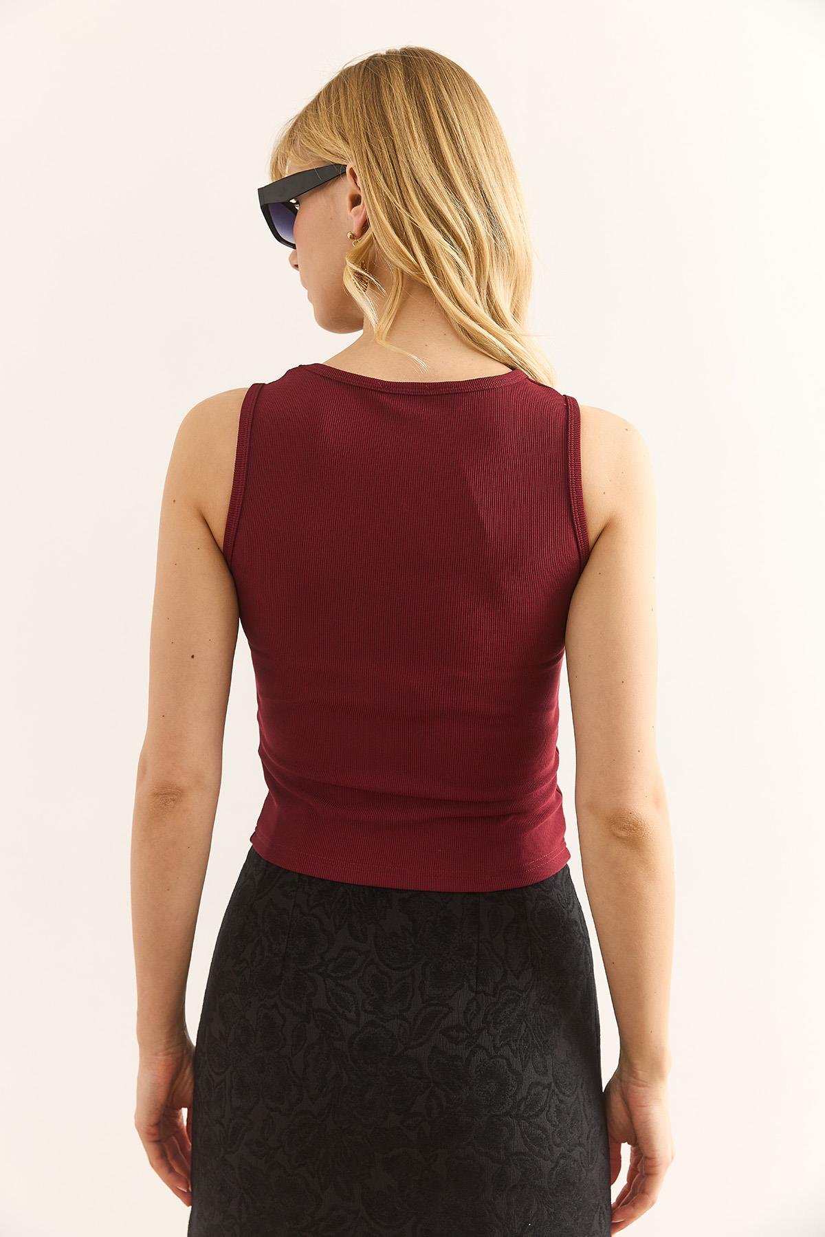 Gold Düğmeli Fitilli Crop Bluz Bordo