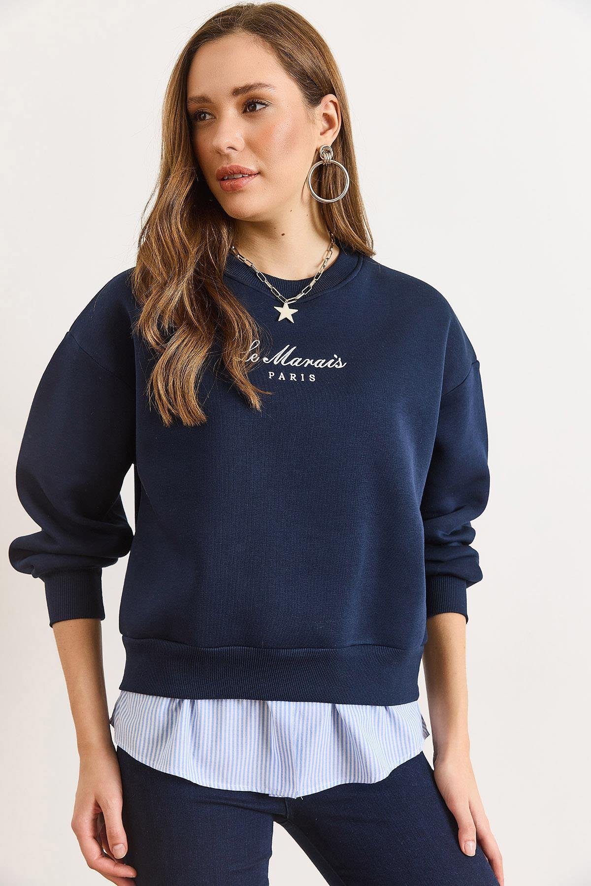Gömlek Detaylı Şardonlu Kalın Sweatshirt Lacivert