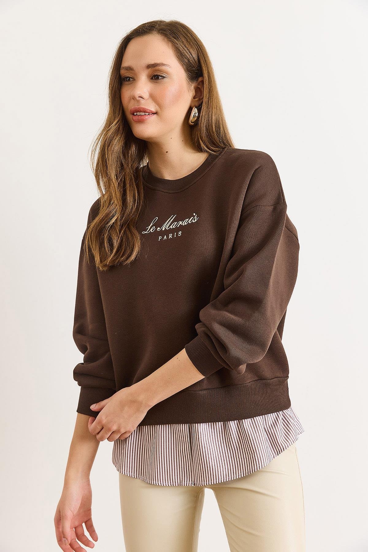 Gömlek Detaylı Şardonlu Kalın Sweatshirt Acı Kahve