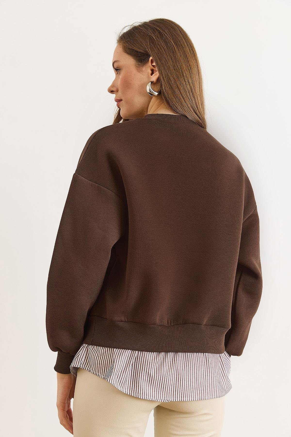 Gömlek Detaylı Şardonlu Kalın Sweatshirt Acı Kahve