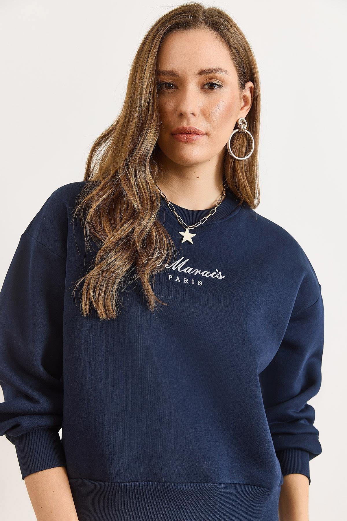 Gömlek Detaylı Şardonlu Kalın Sweatshirt Lacivert