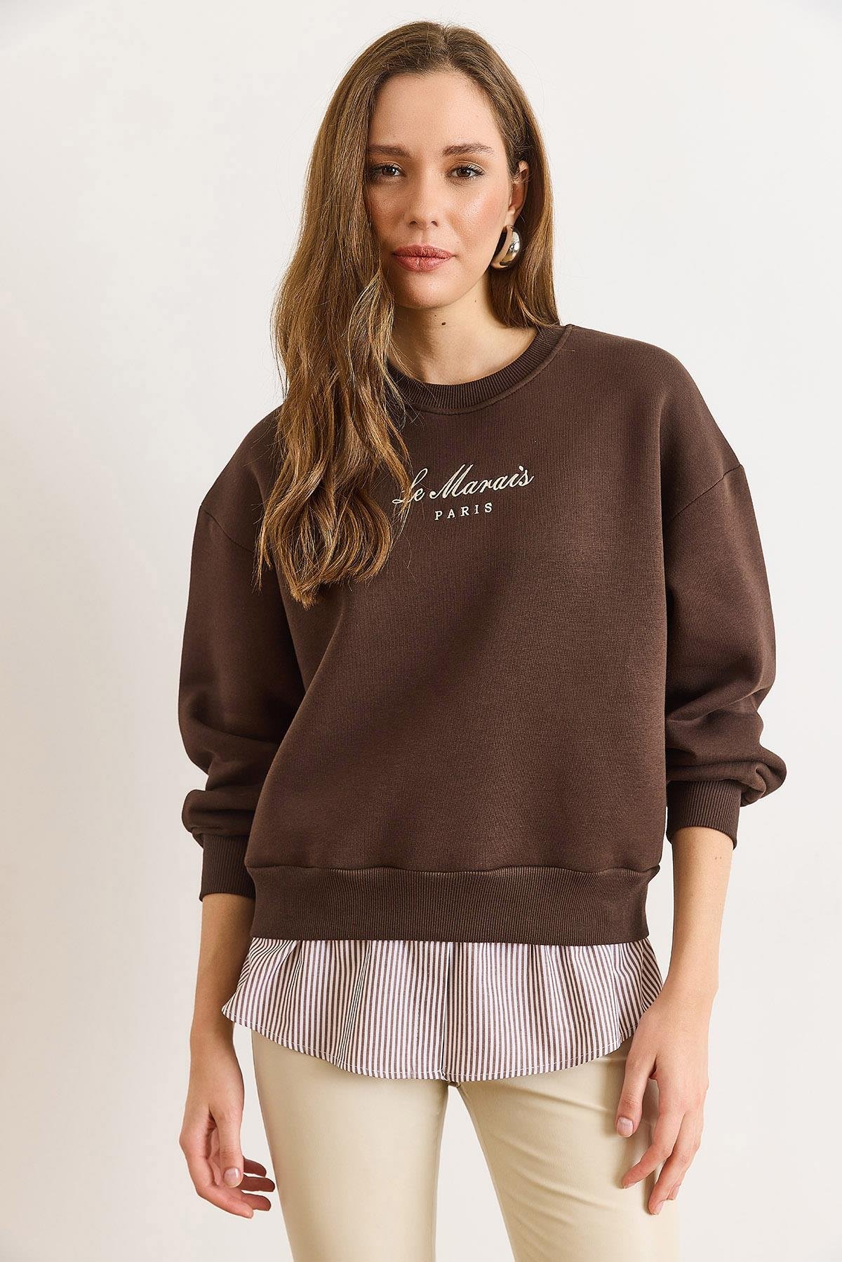 Gömlek Detaylı Şardonlu Kalın Sweatshirt Acı Kahve