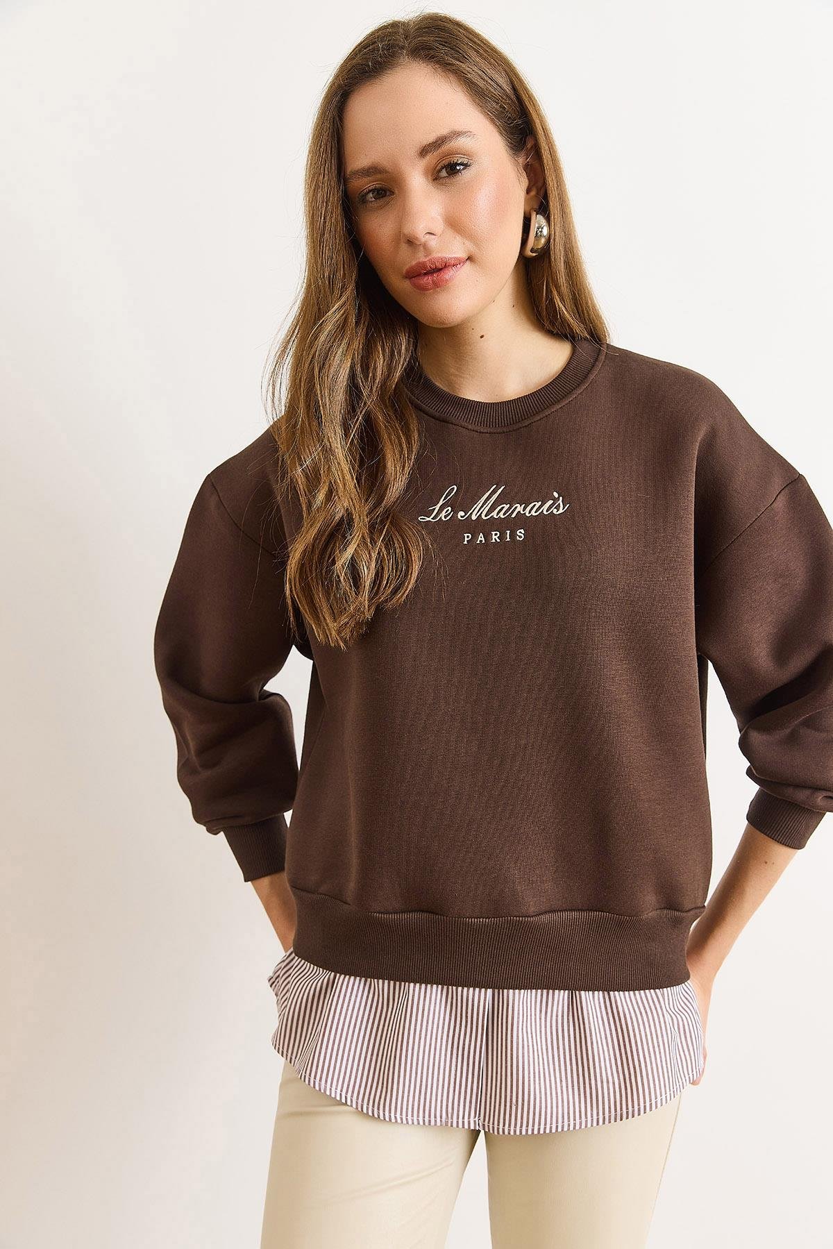 Gömlek Detaylı Şardonlu Kalın Sweatshirt Acı Kahve