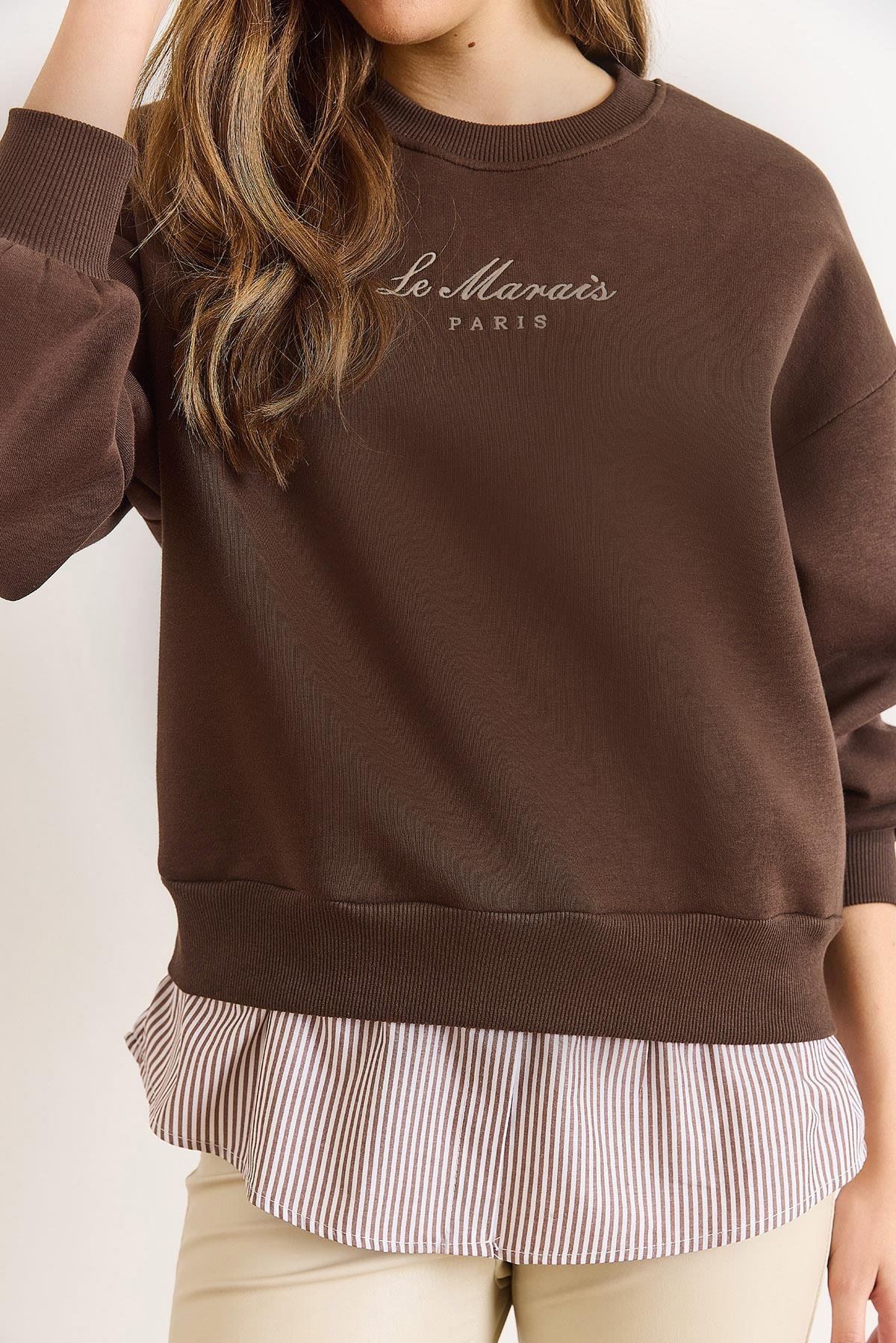 Gömlek Detaylı Şardonlu Kalın Sweatshirt Acı Kahve