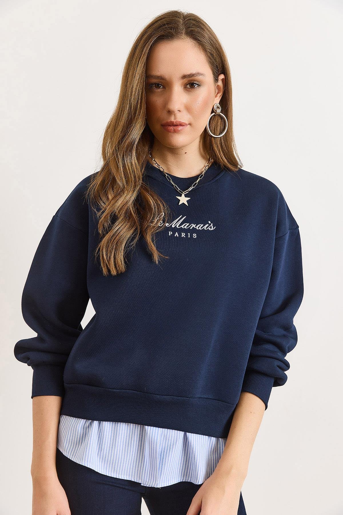 Gömlek Detaylı Şardonlu Kalın Sweatshirt Lacivert