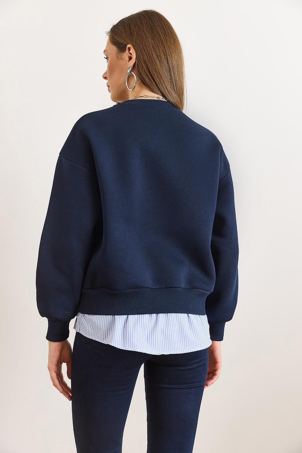 Gömlek Detaylı Şardonlu Kalın Sweatshirt Lacivert