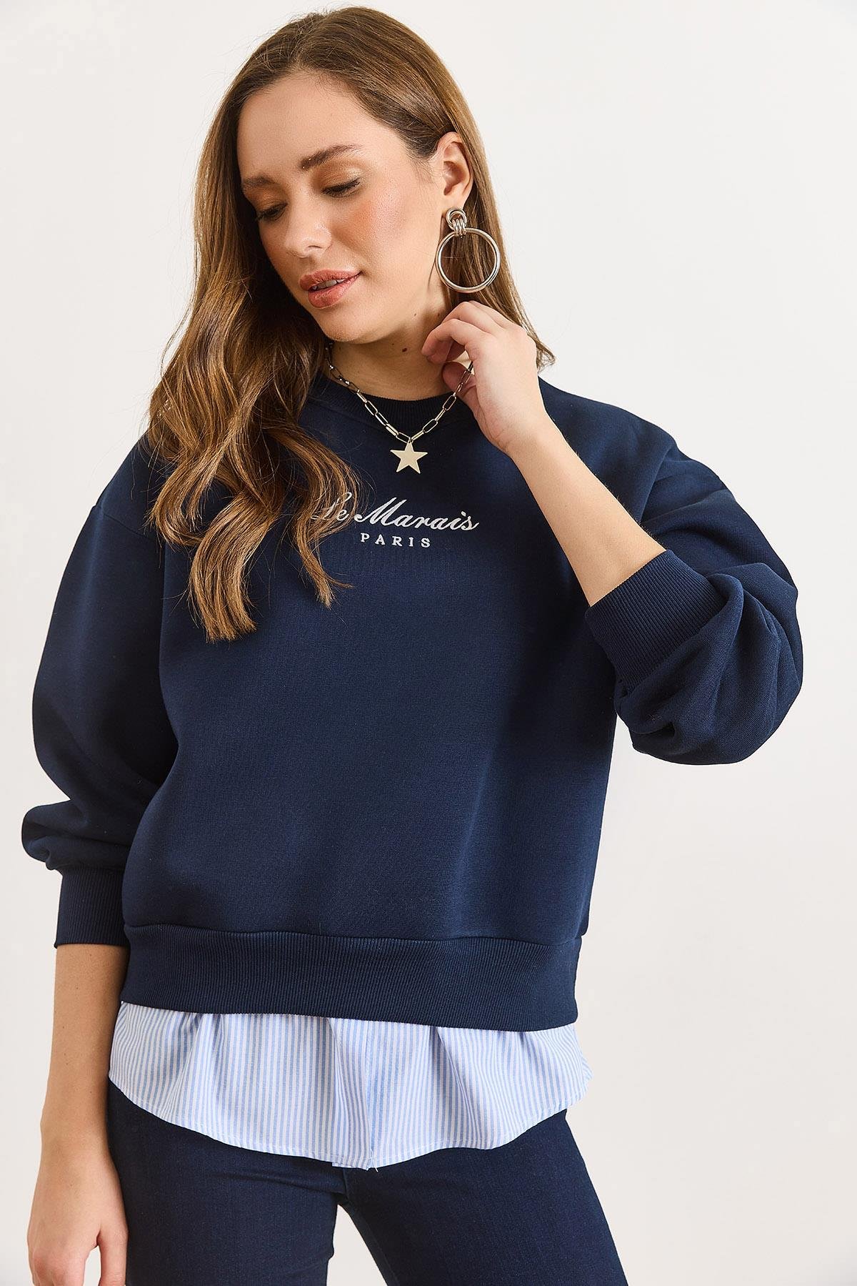 Gömlek Detaylı Şardonlu Kalın Sweatshirt Lacivert