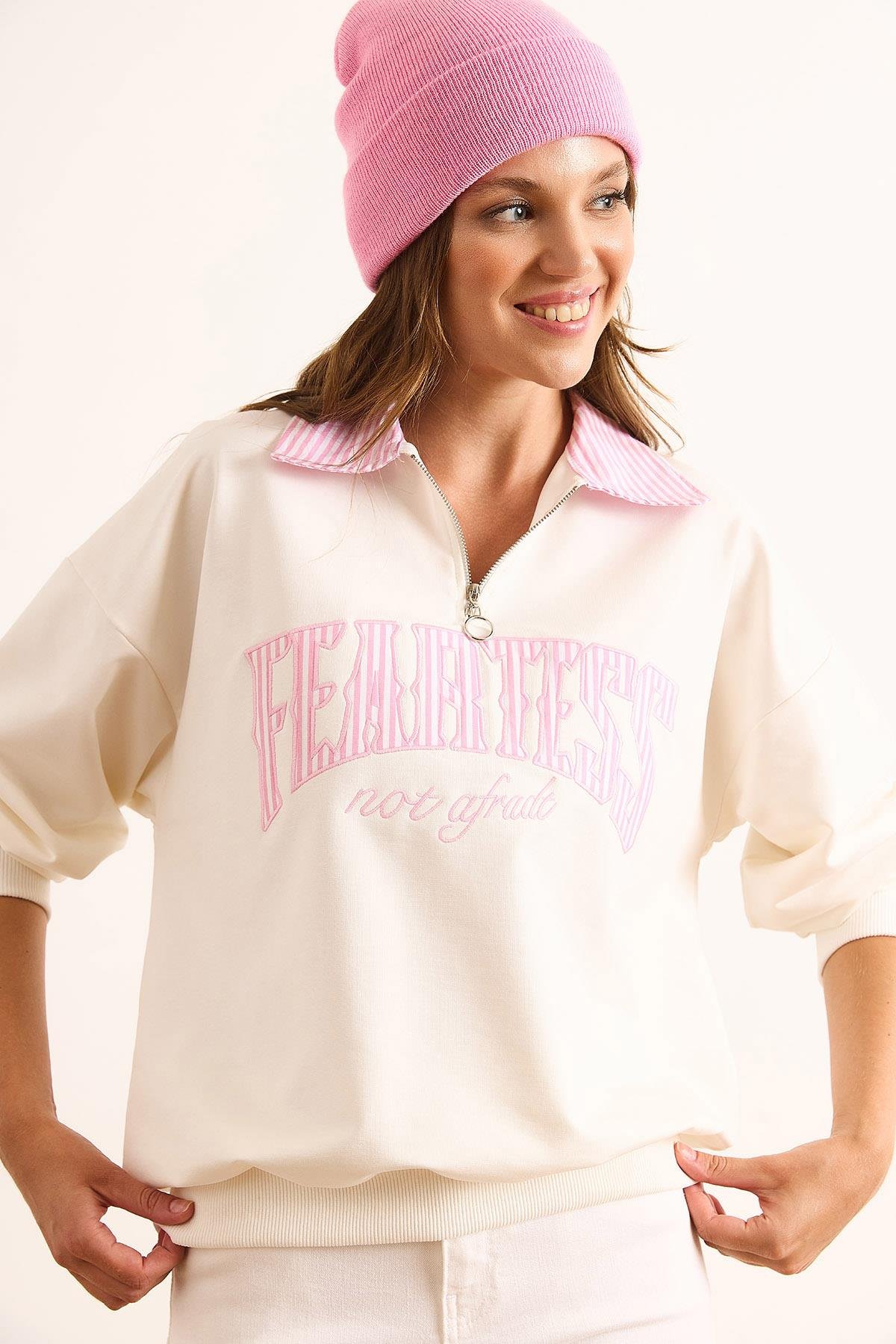Gömlek Yaka Çizgi Garnili Oversize Sweatshirt Beyaz Pembe