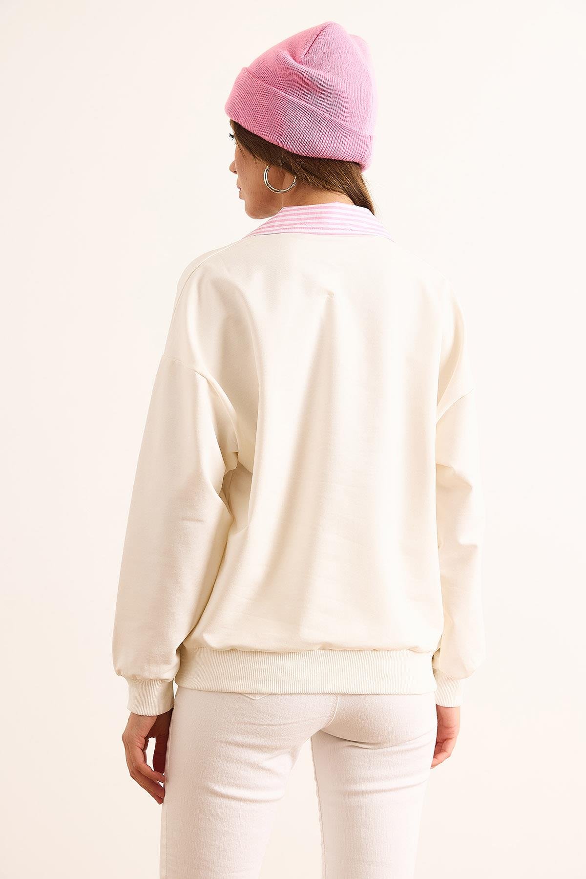 Gömlek Yaka Çizgi Garnili Oversize Sweatshirt Beyaz Pembe