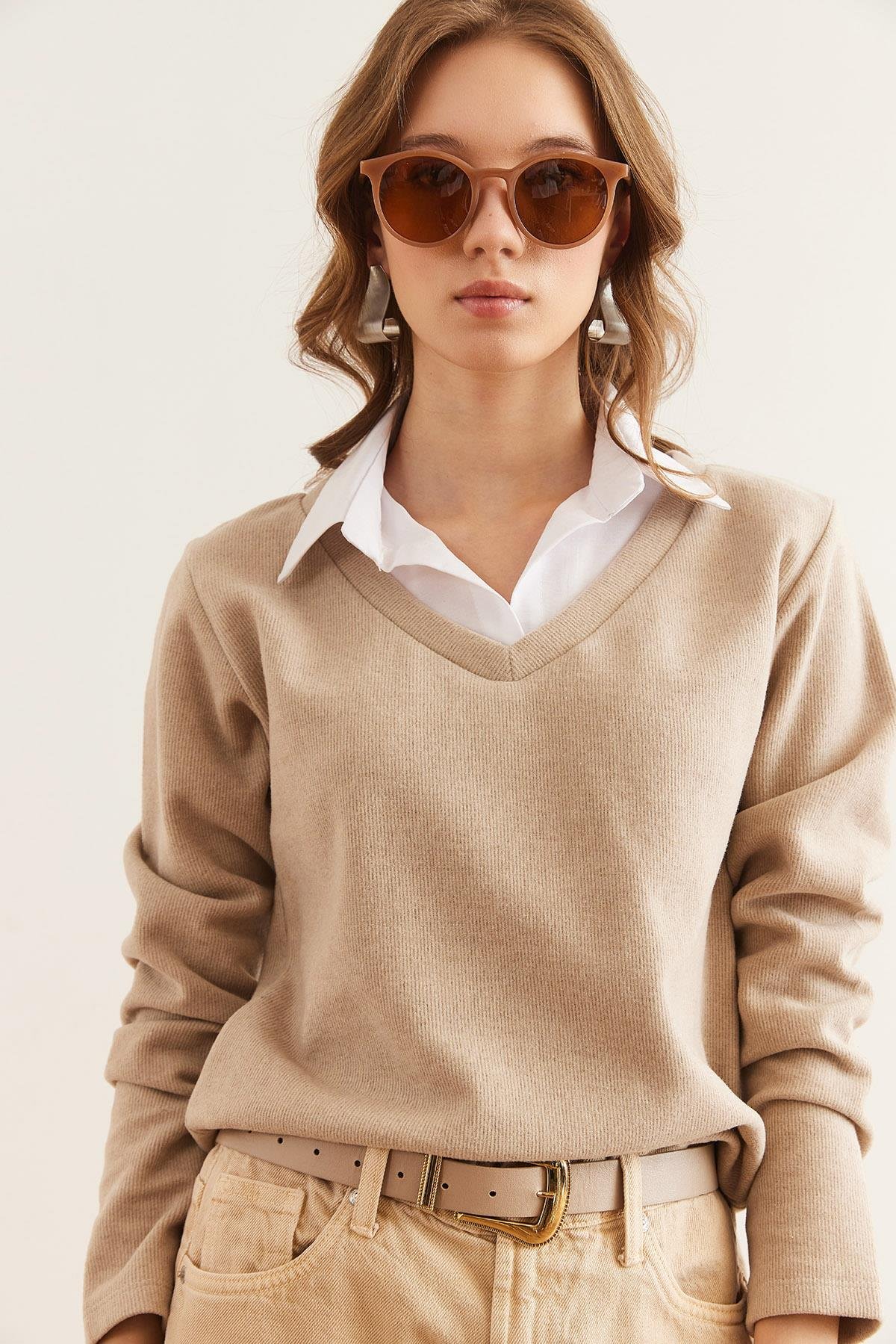 Gömlek Yaka Detaylı Selanik Bluz Taş