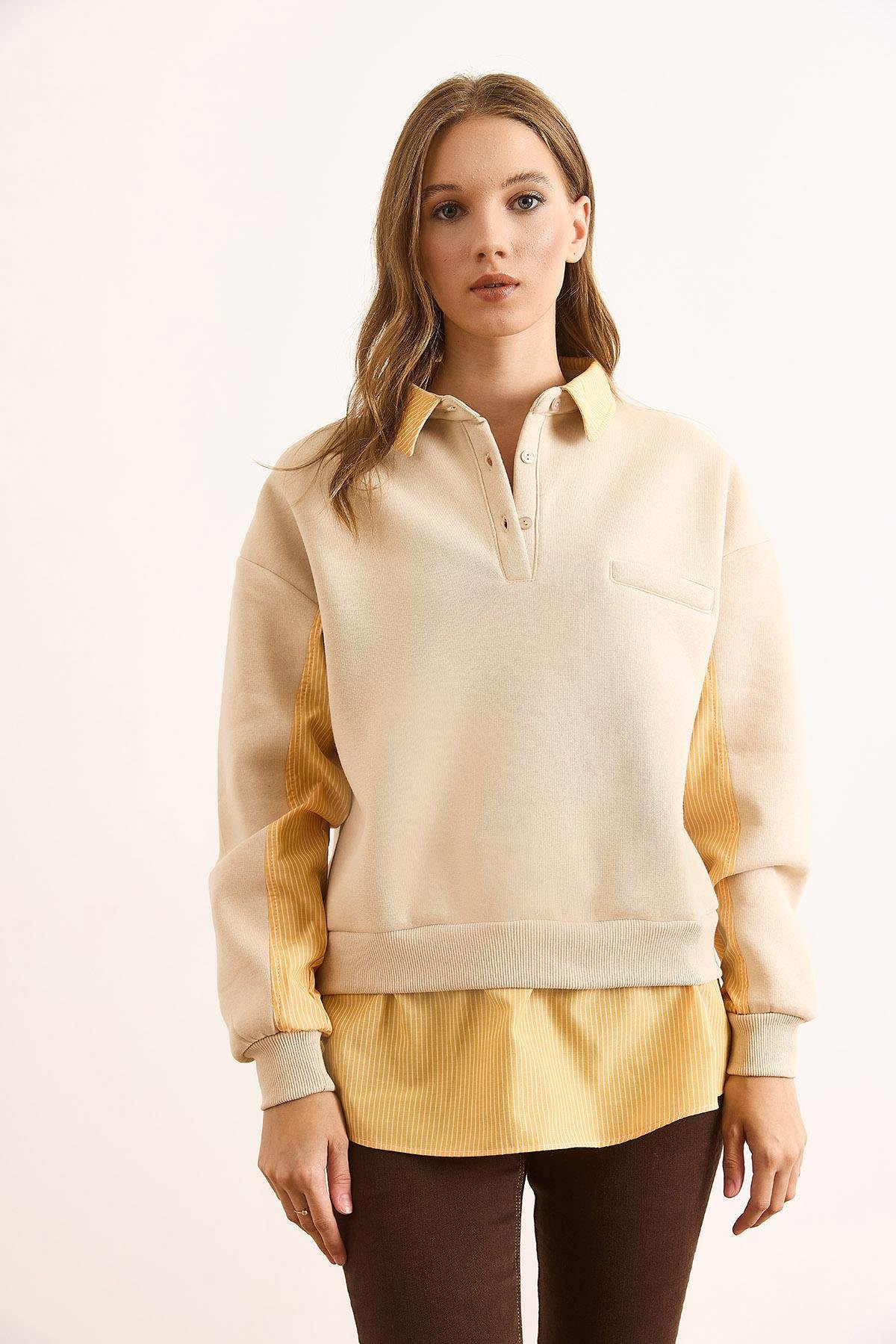 Gömlek Yaka Garnili Şardonlu Kalın Sweatshirt Bej