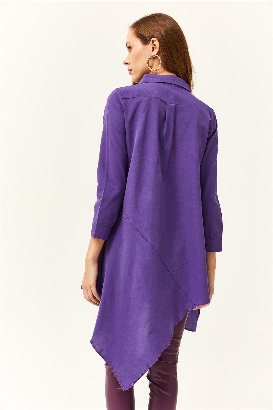 Gömlek Yakalı Asimetrik Tunik Mor