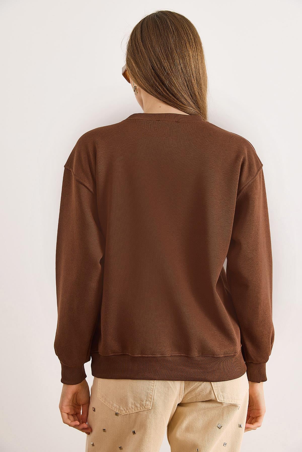 Good Mood Nakışlı Şardonlu Rahat Kalıp Sweatshirt Kahverengi