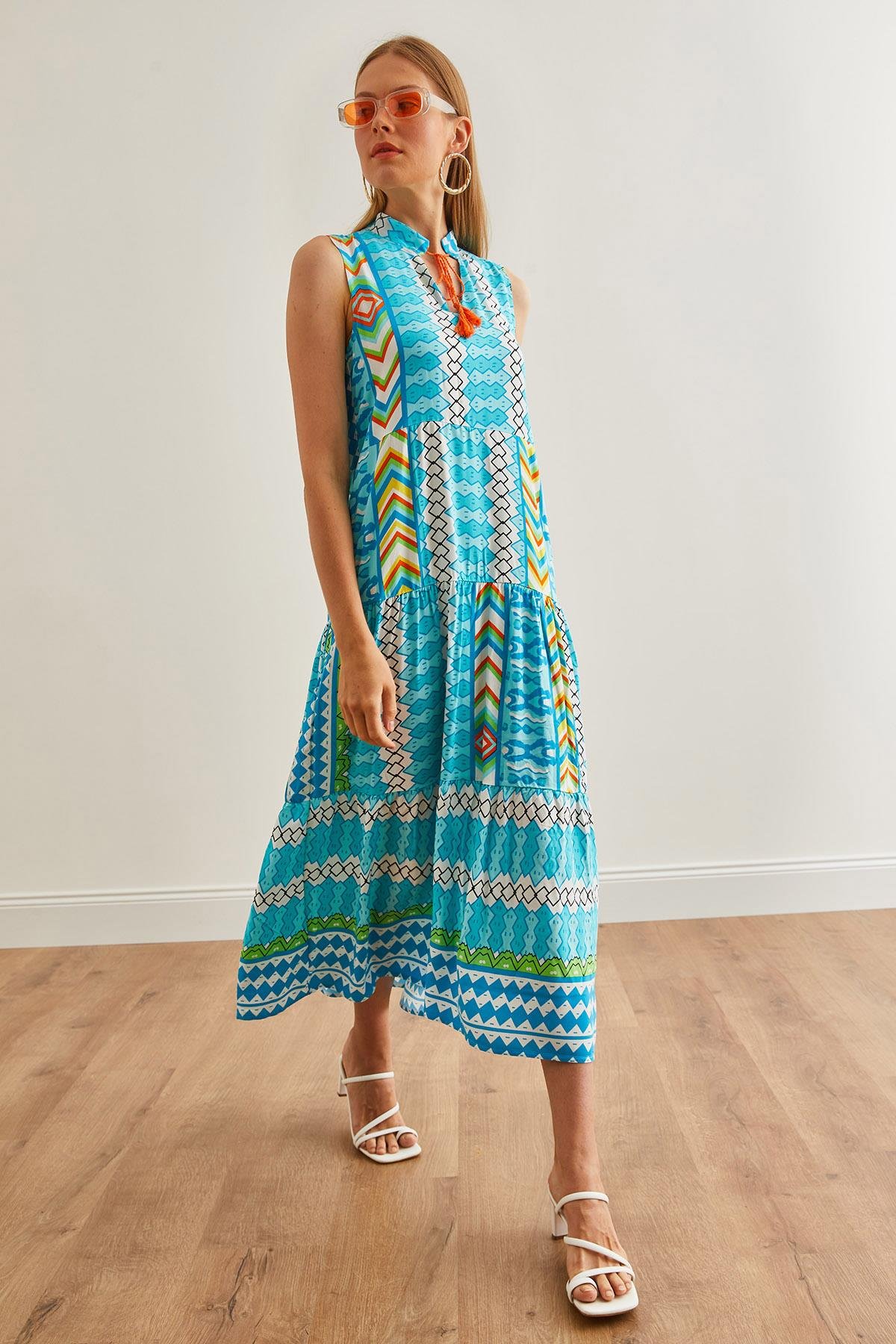Hakim Yaka Bağcık Detaylı Maxi Dokuma Elbise Gök Mavi