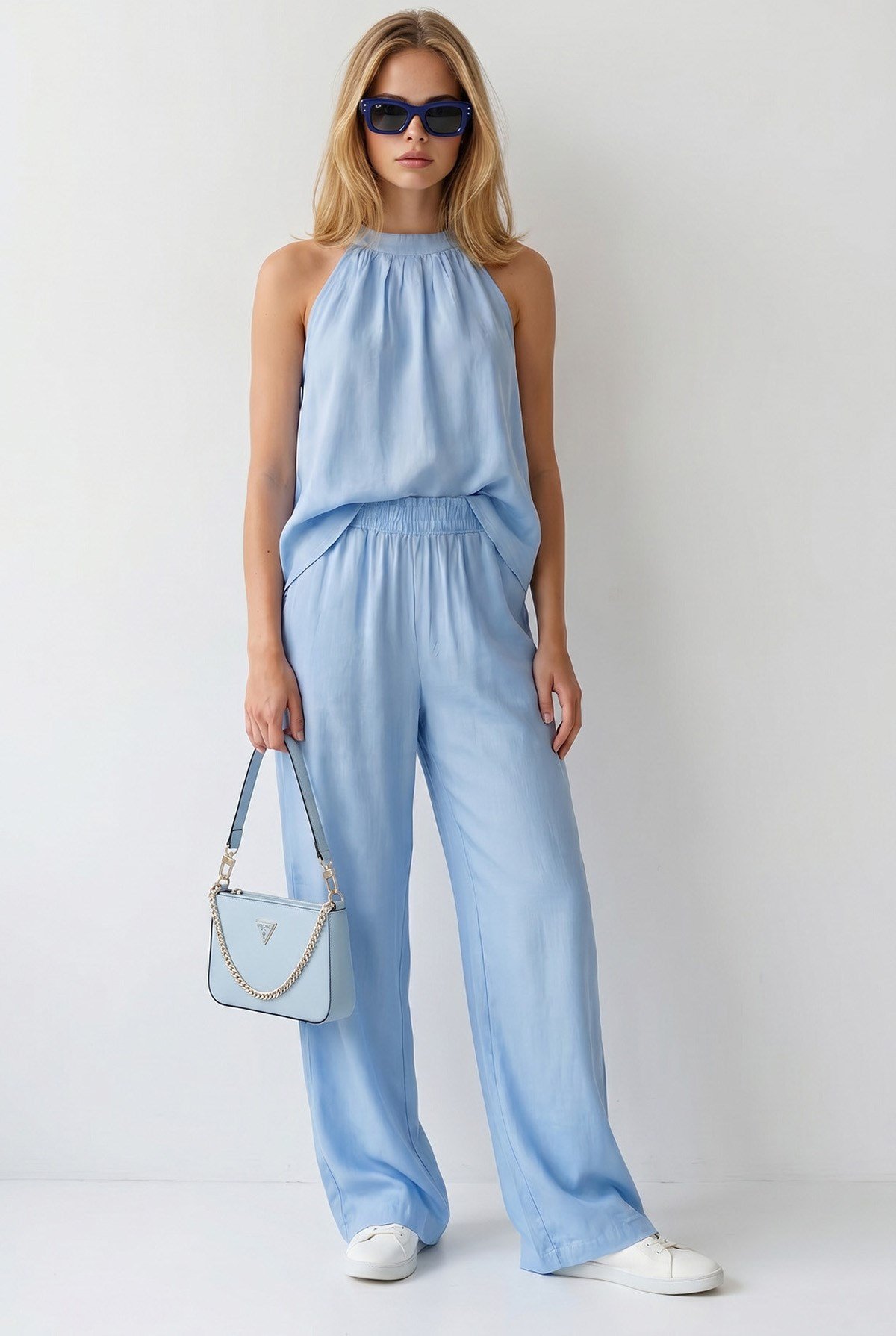 Halter Yaka Bluz Cepli Pantolon Takım Bebe Mavi