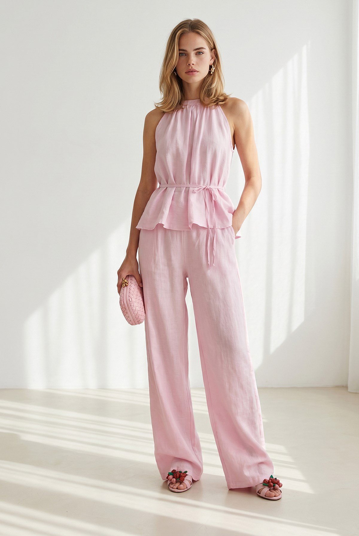 Halter Yaka Bluz Cepli Pantolon Takım Pembe