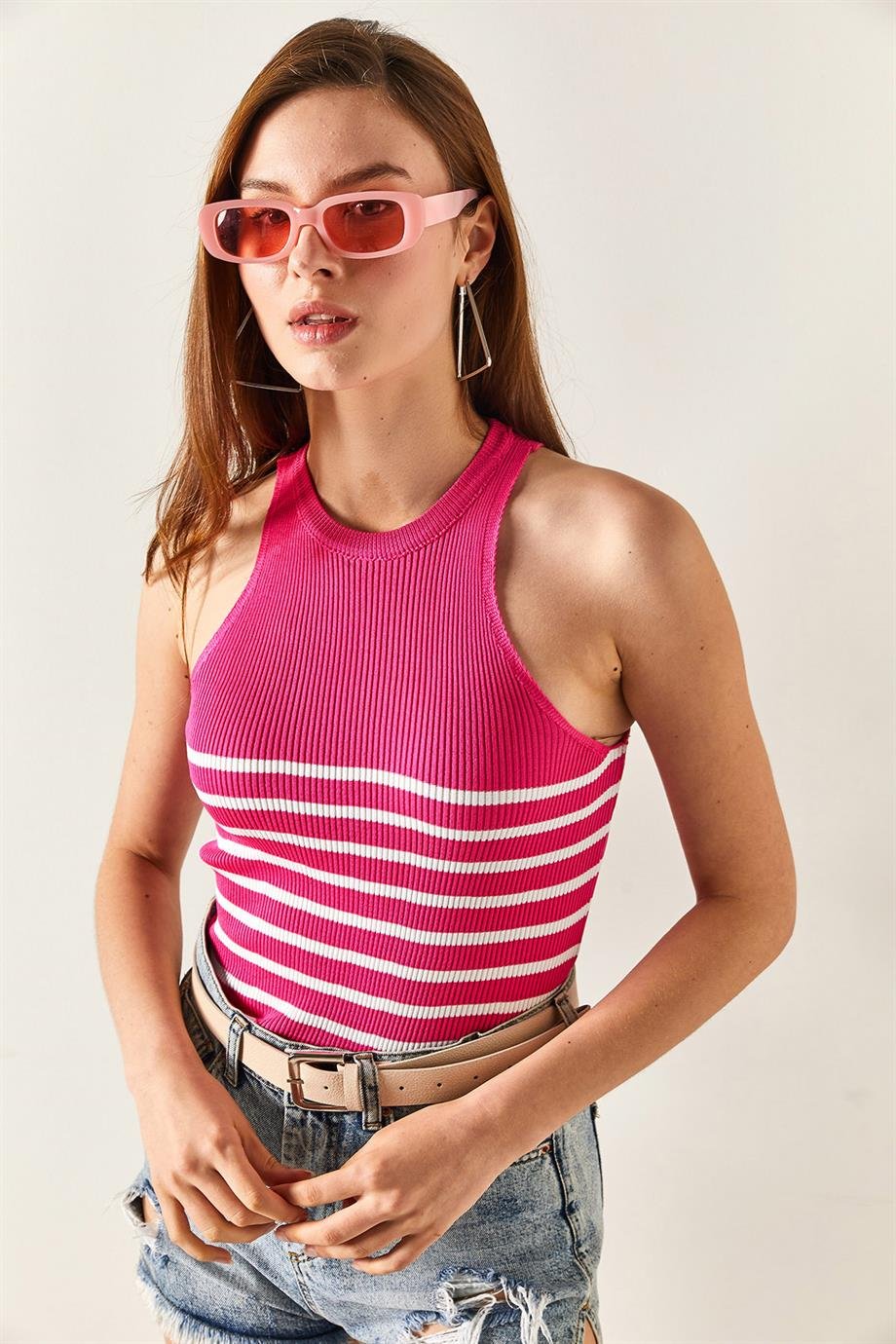 Halter Yaka Çizgili Triko Bluz Fuşya