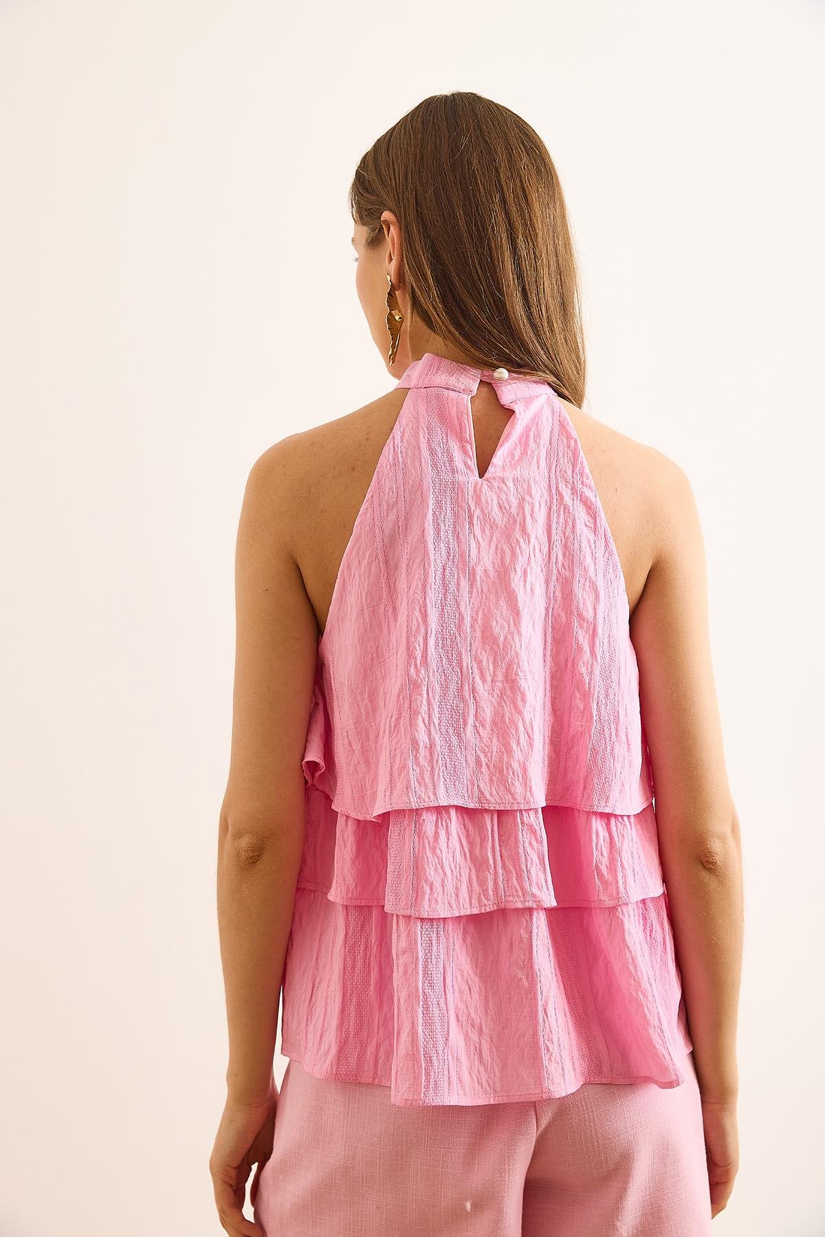 Halter Yaka Kat Kat Bluz Pembe