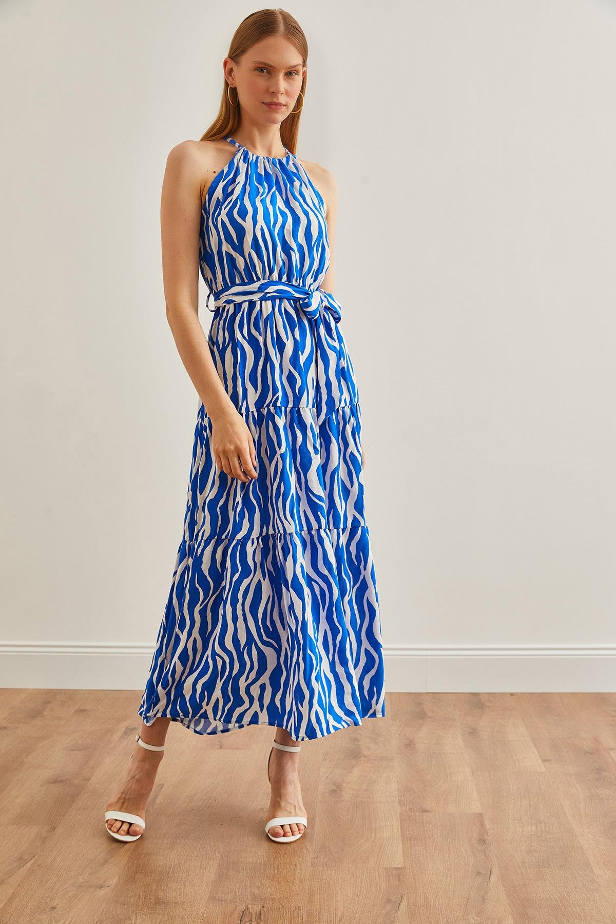 Halter Yaka Kuşaklı Dokuma Viscon Elbise Zebra Saks Mavi
