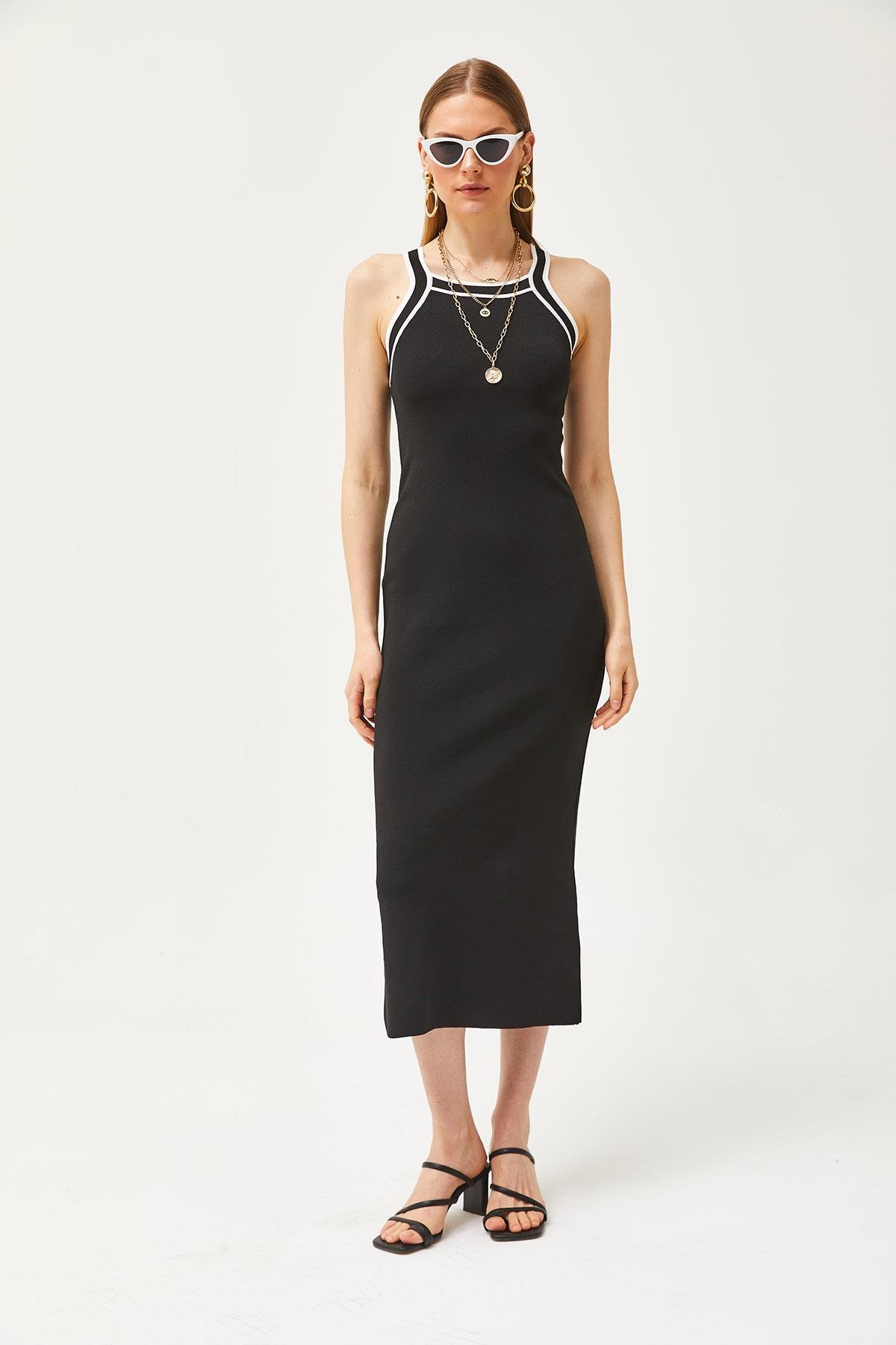 Halter Yaka Maxi Triko Elbise Siyah