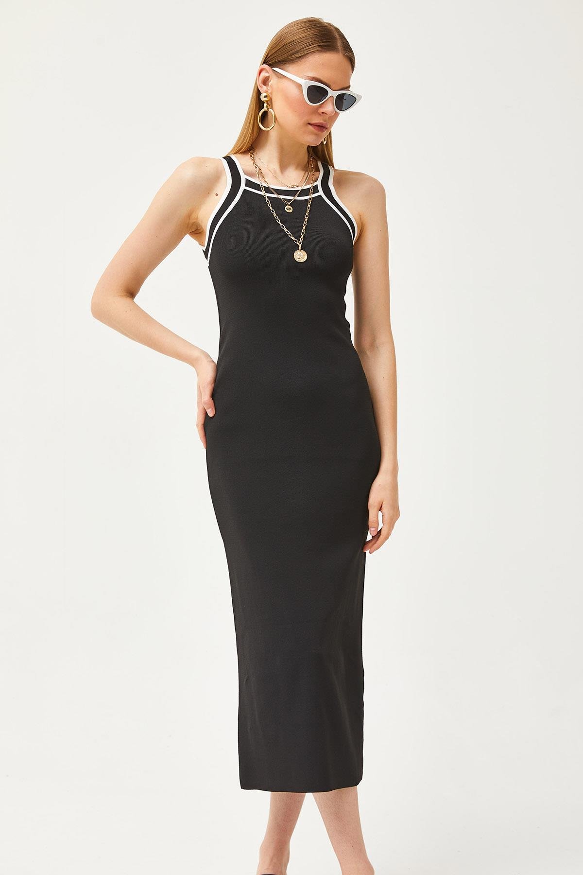 Halter Yaka Maxi Triko Elbise Siyah