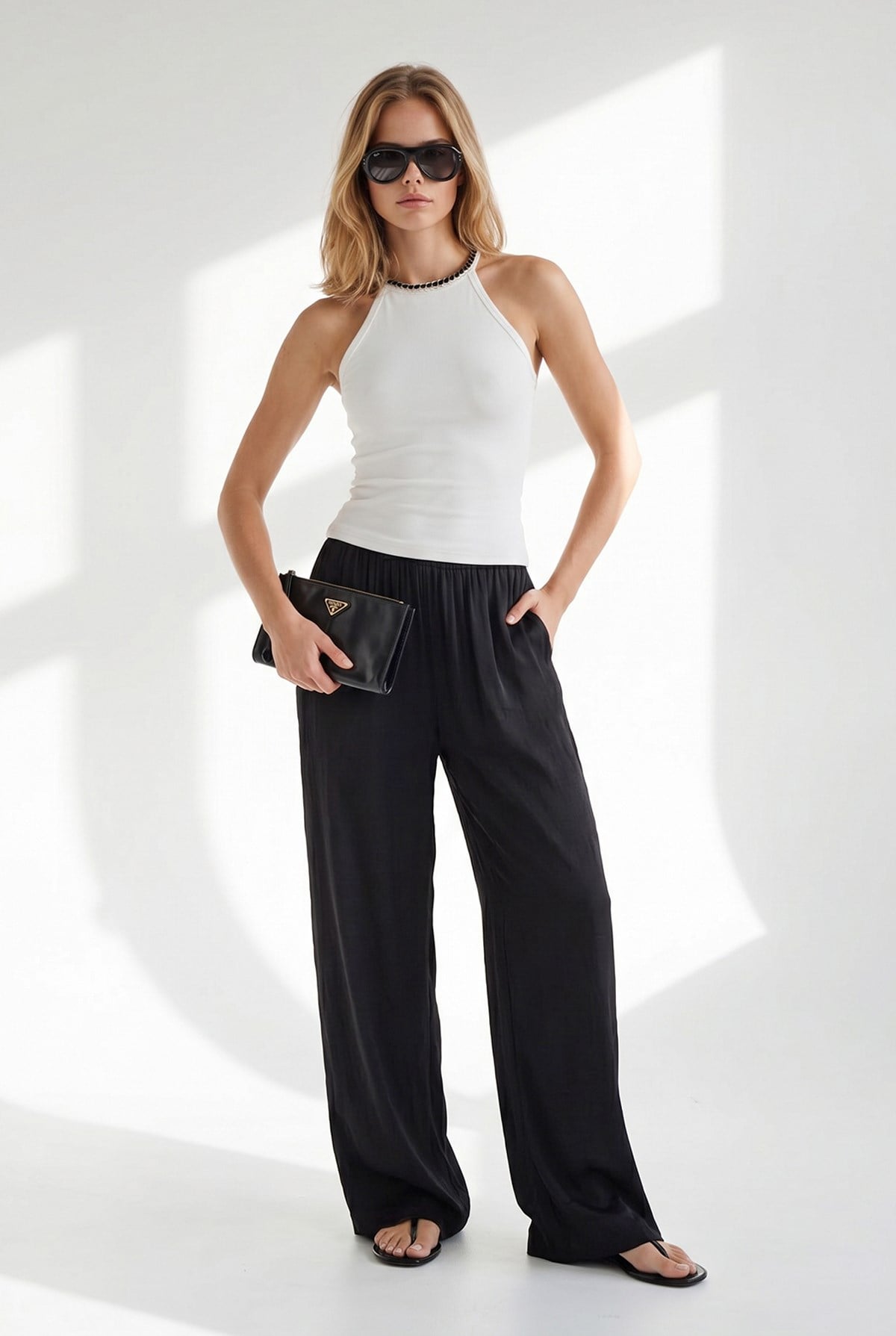 Halter Yaka Zincir Garnili Fitted Esnek Ribana Bluz Beyaz