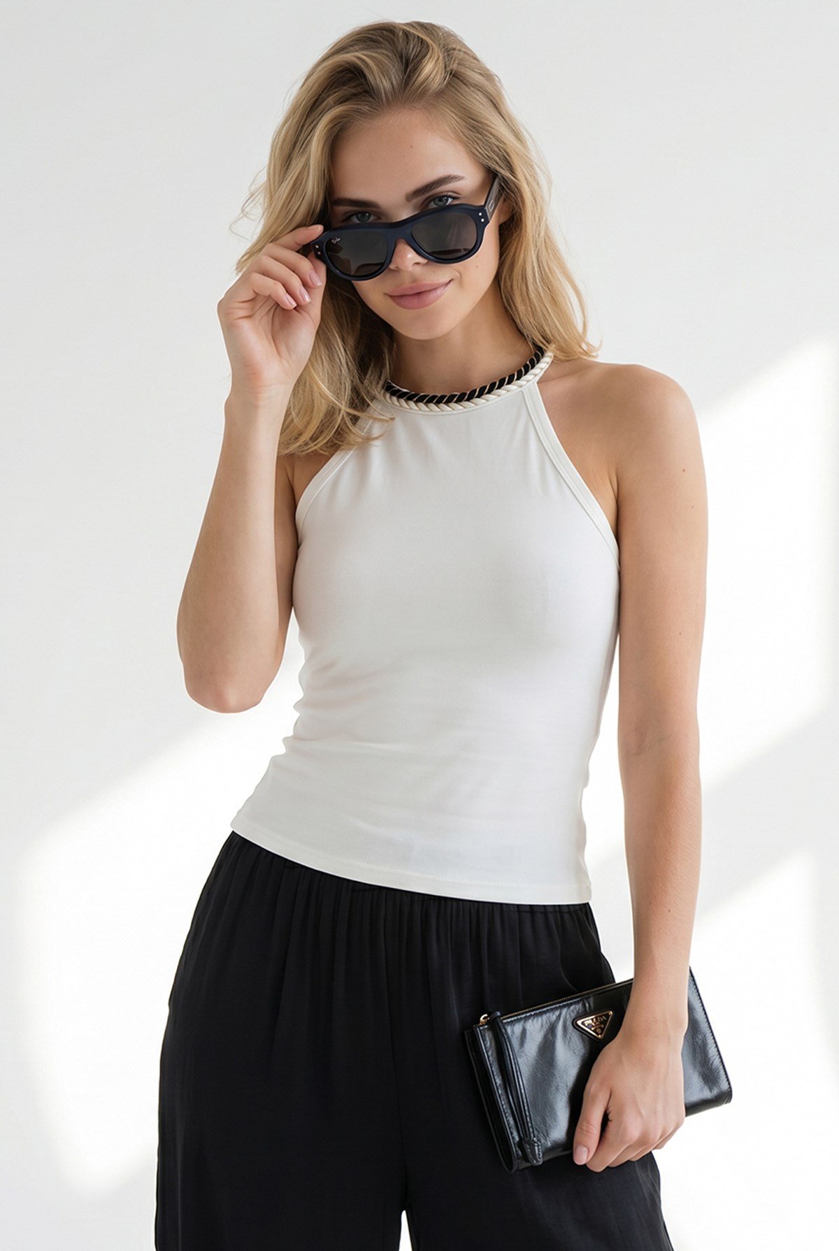 Halter Yaka Zincir Garnili Fitted Esnek Ribana Bluz Beyaz