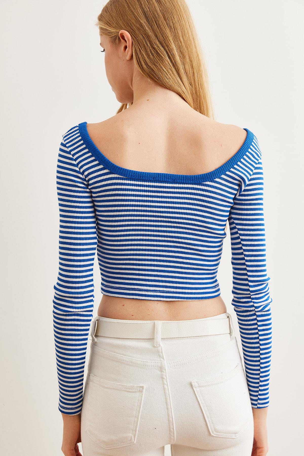 Havuz Yaka Çizgili Esnek  Crop Bluz Saks Mavi