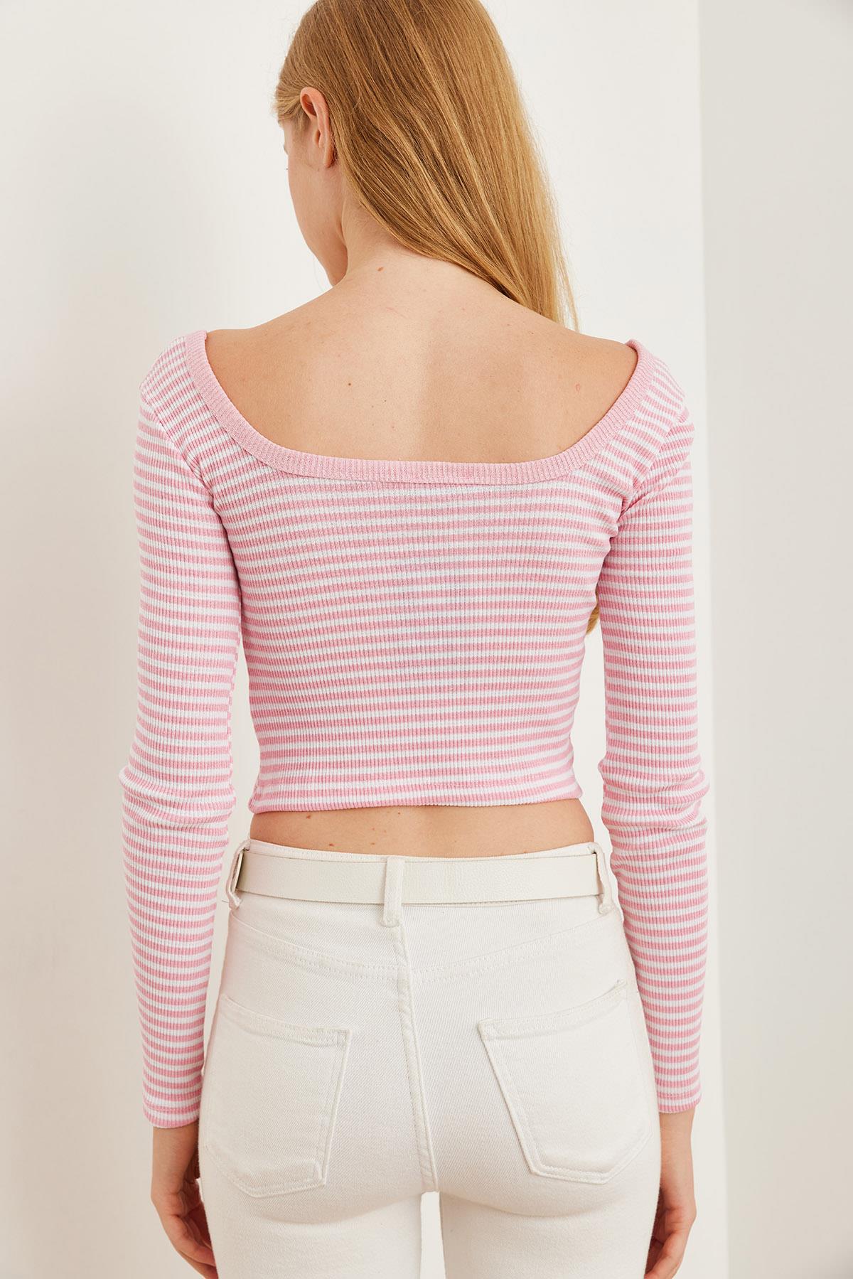 Havuz Yaka Çizgili Esnek  Crop Bluz Şeker Pembe