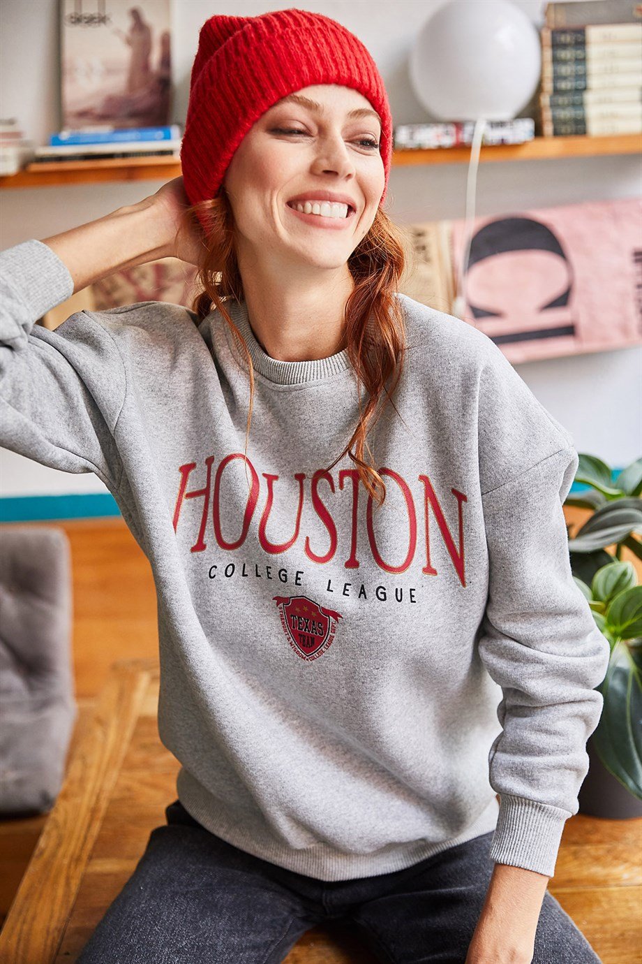 Houston Baskılı Şardonlu Sweatshirt Gri