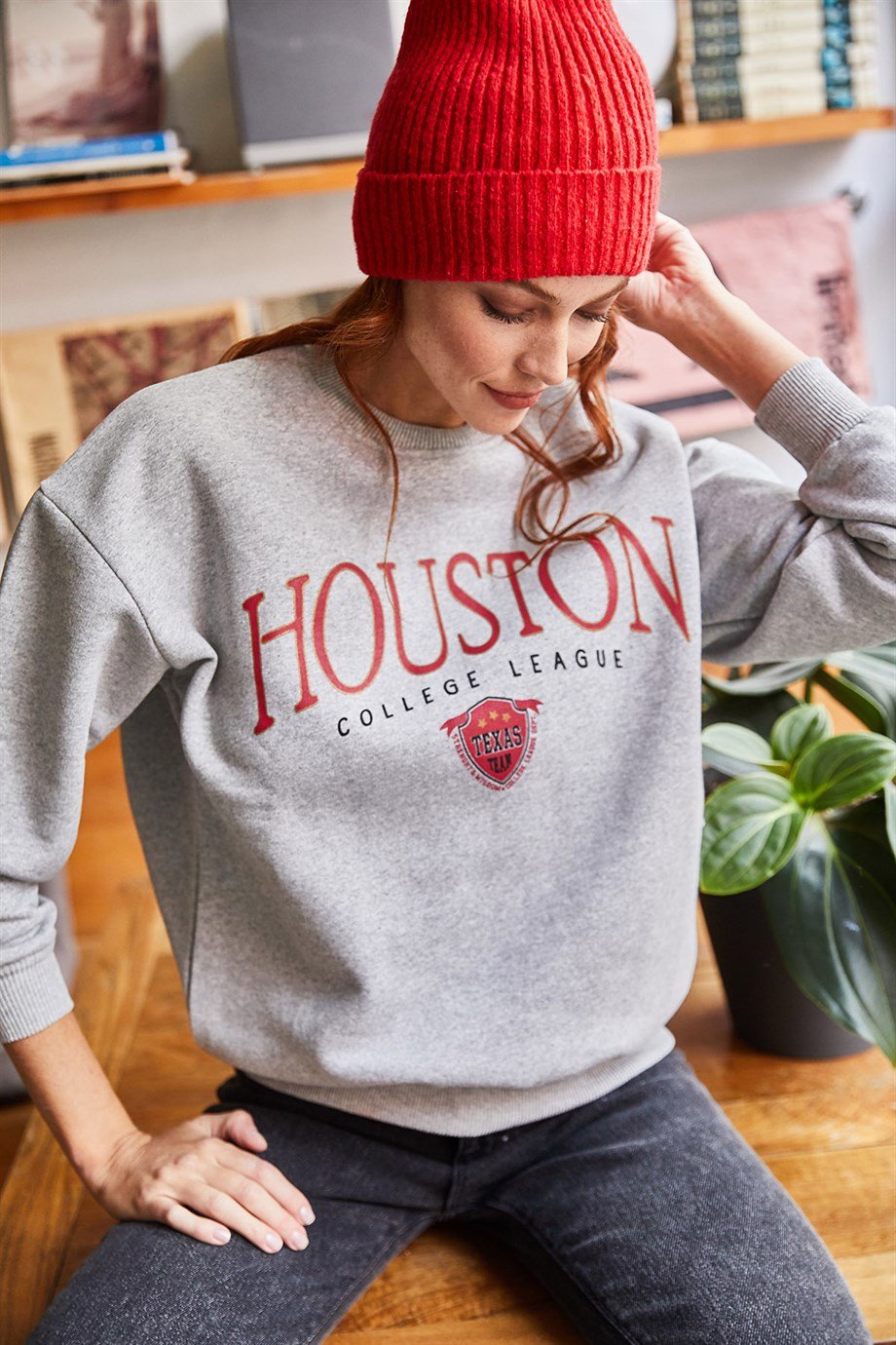 Houston Baskılı Şardonlu Sweatshirt Gri