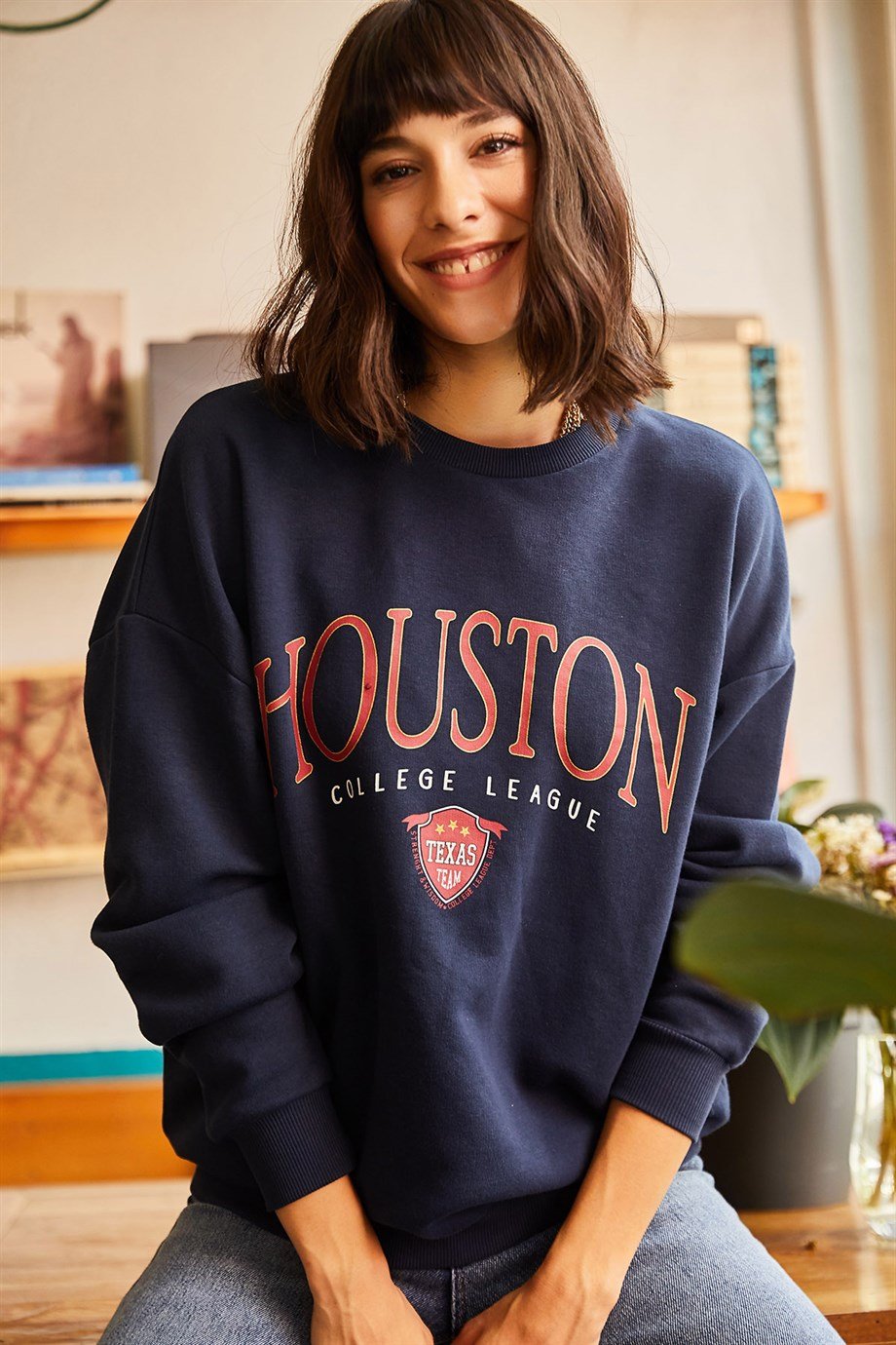 Houston Baskılı Şardonlu Sweatshirt Lacivert