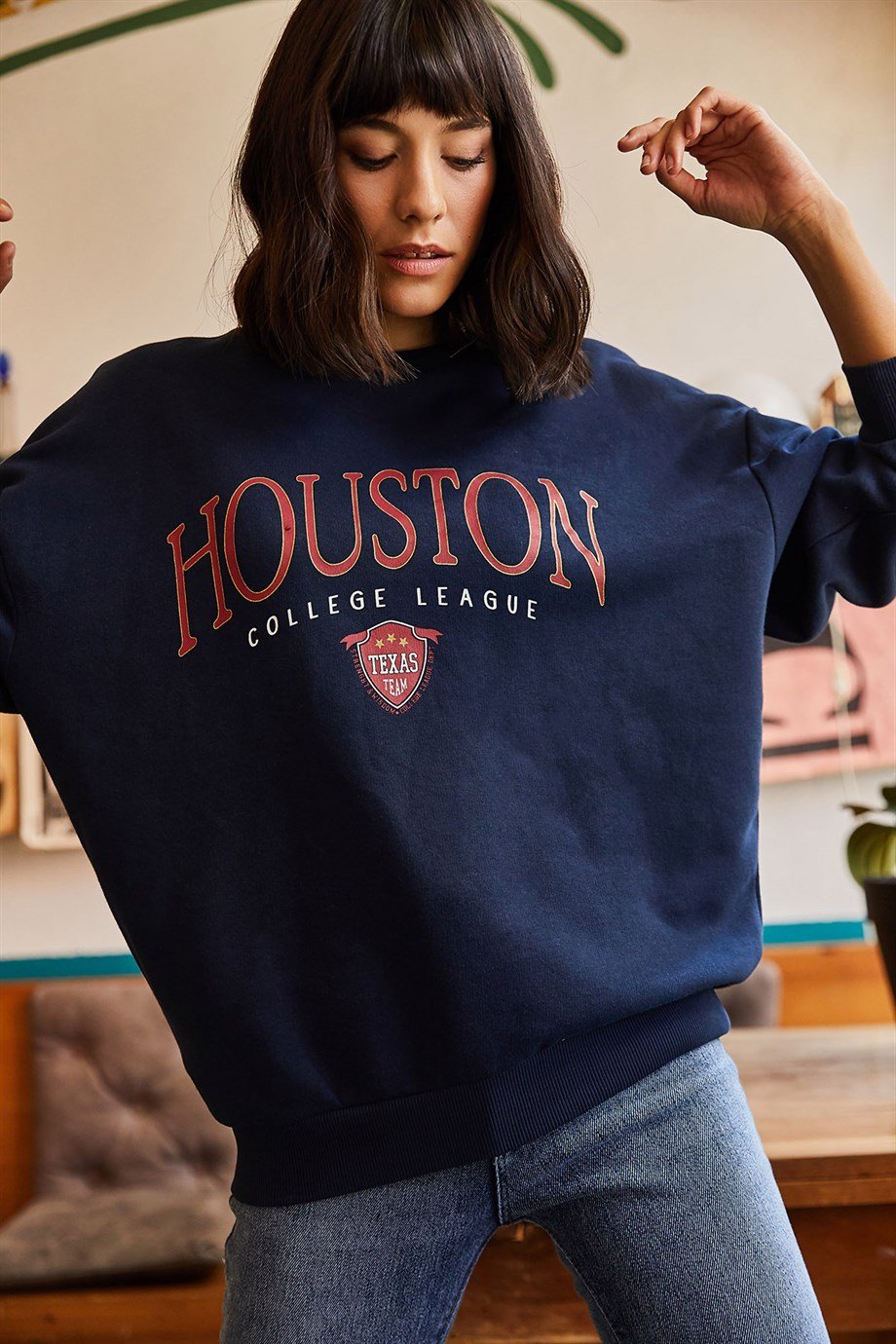 Houston Baskılı Şardonlu Sweatshirt Lacivert