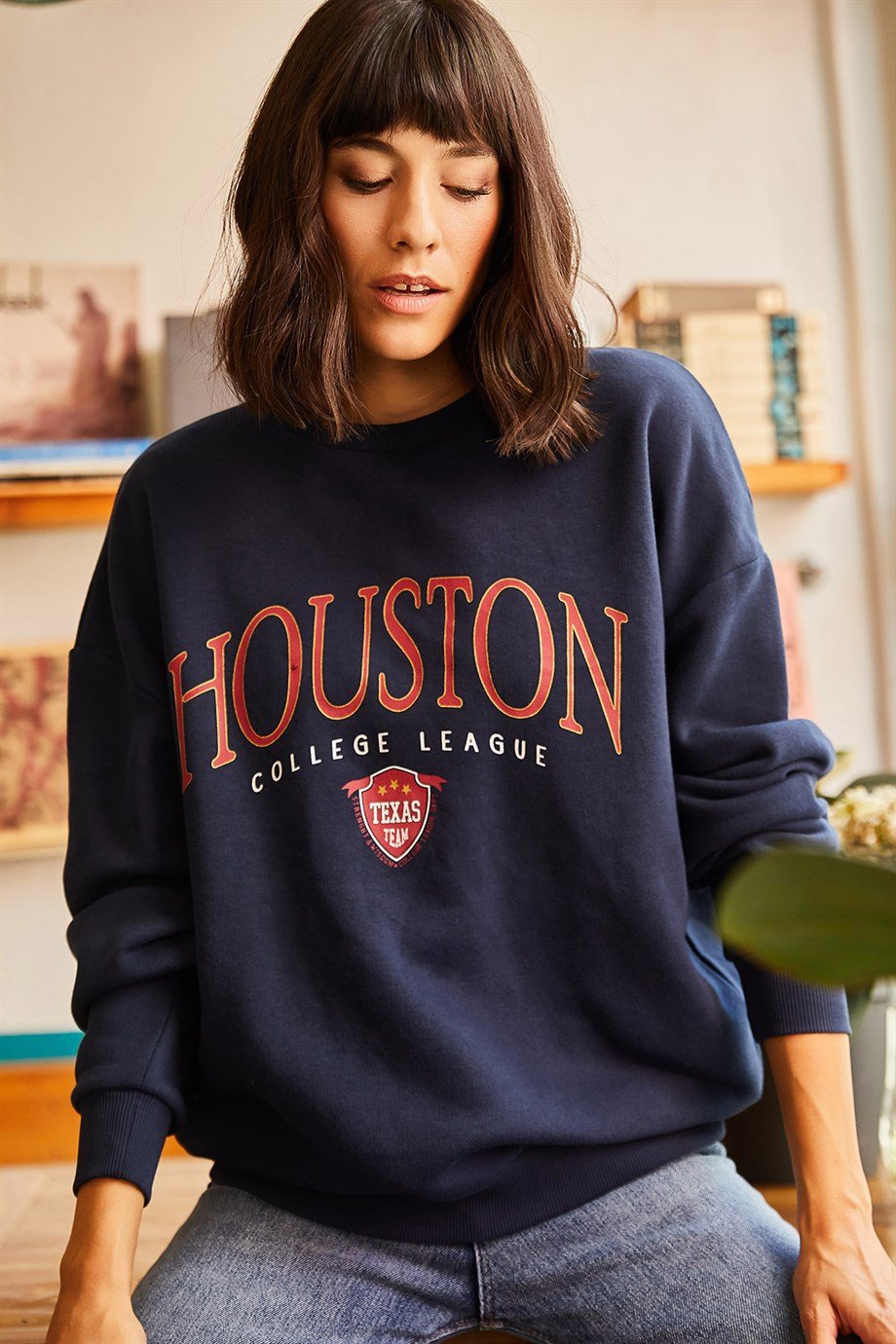 Houston Baskılı Şardonlu Sweatshirt Lacivert
