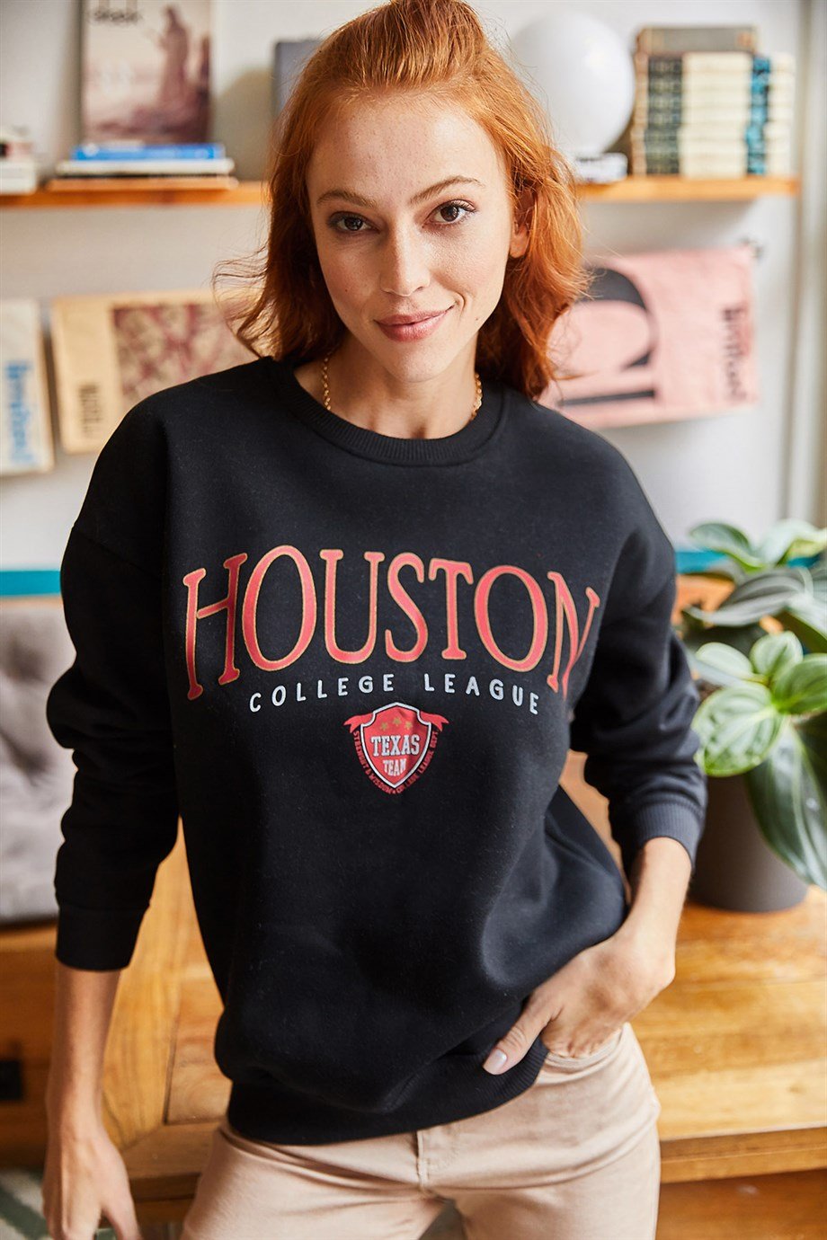 Houston Baskılı Şardonlu Sweatshirt Siyah