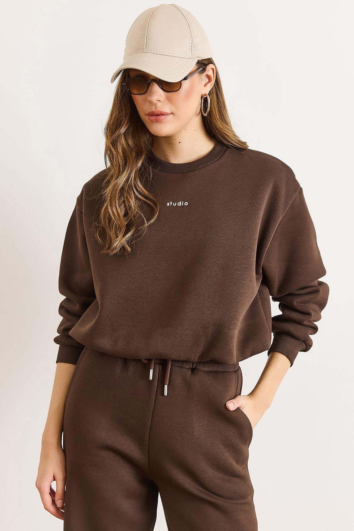 İçi Komple Astarlı Balon Crop Sweatshirt Kahverengi
