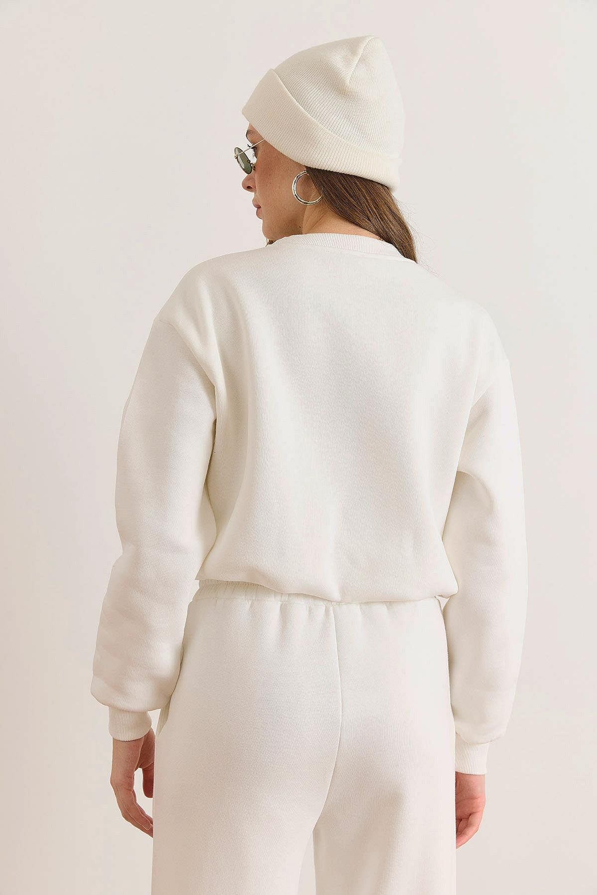 İçi Komple Astarlı Balon Crop Sweatshirt Ekru