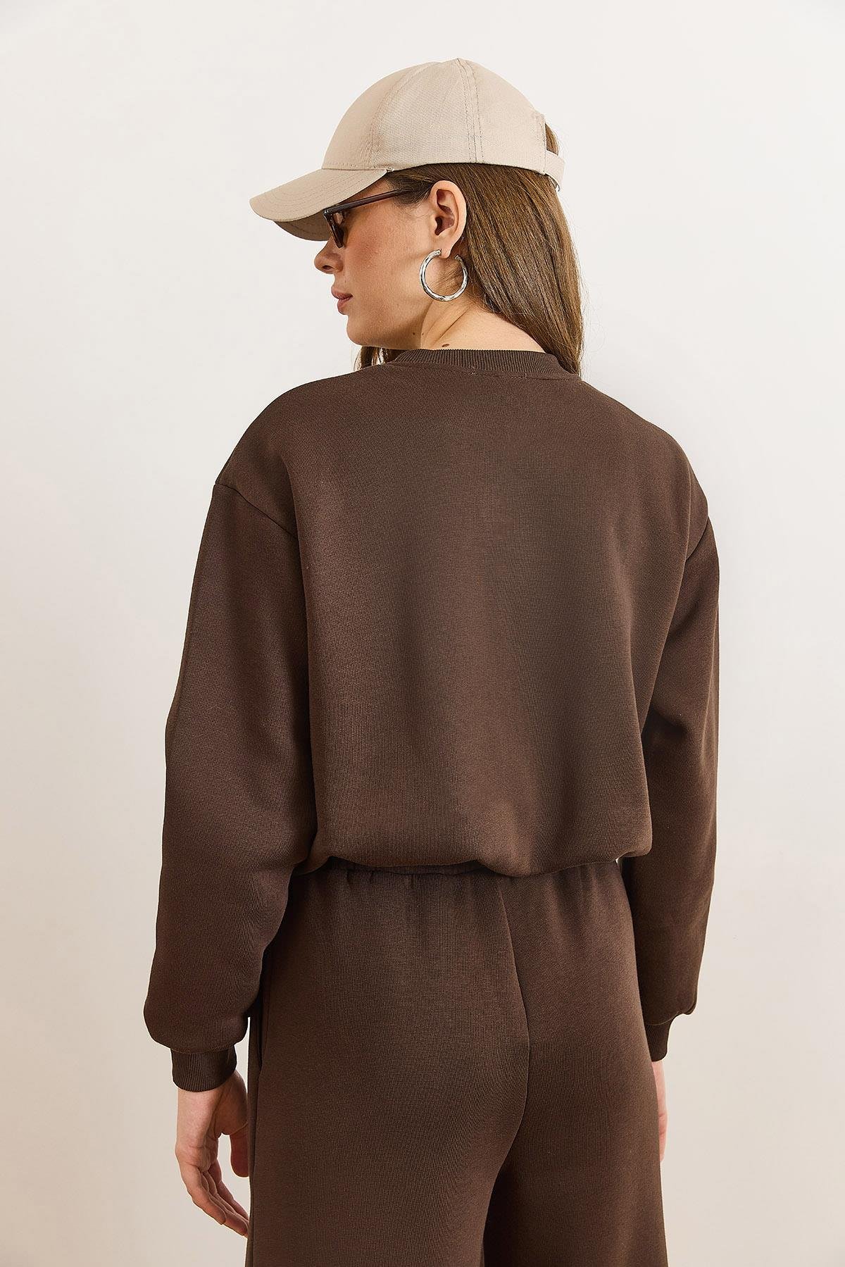 İçi Komple Astarlı Balon Crop Sweatshirt Kahverengi