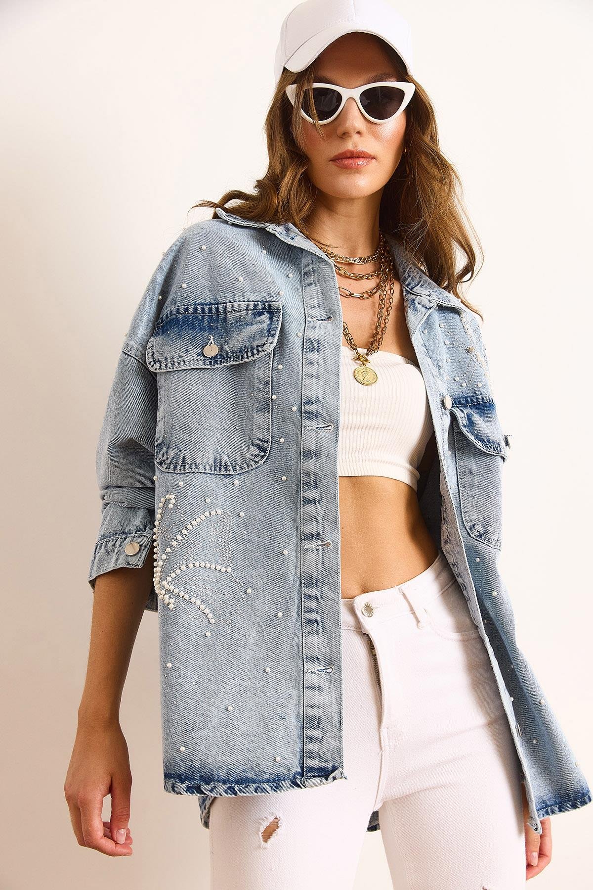 İnci Detaylı Çift Cepli Denim Gömlek Ceket Açık Mavi
