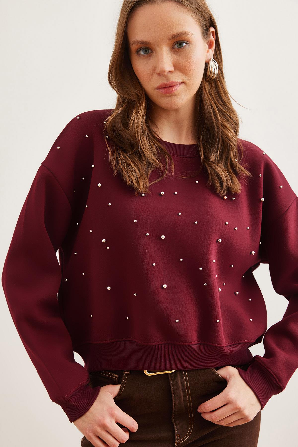 İnci Detaylı Şardonlu Crop Kalın Sweatshirt Bordo