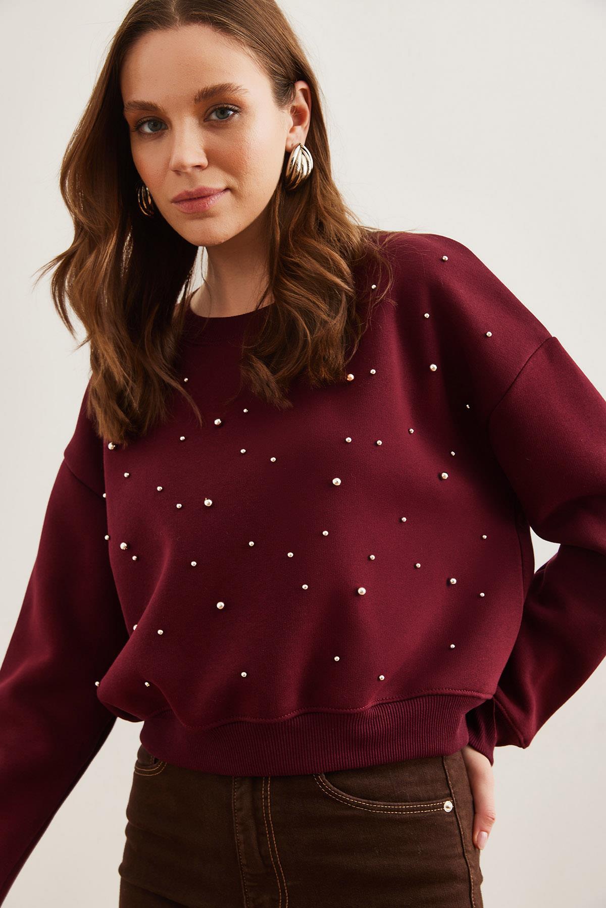 İnci Detaylı Şardonlu Crop Kalın Sweatshirt Bordo