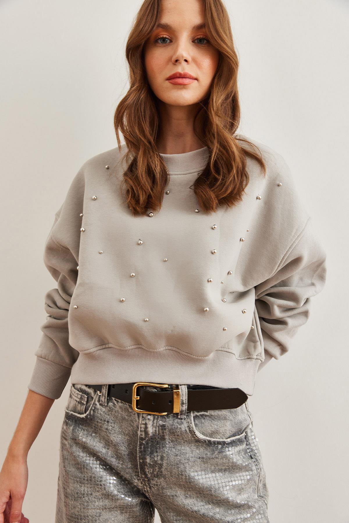 İnci Detaylı Şardonlu Crop Kalın Sweatshirt Yunus Gri