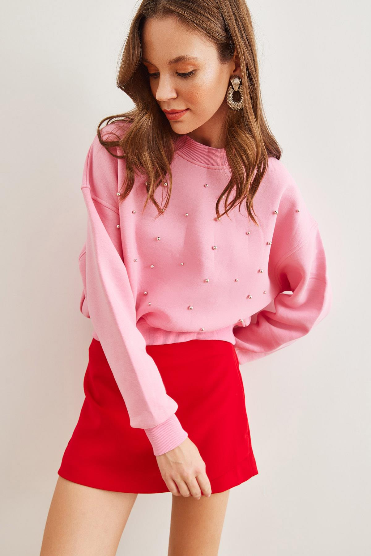 İnci Detaylı Şardonlu Crop Kalın Sweatshirt Şeker Pembe
