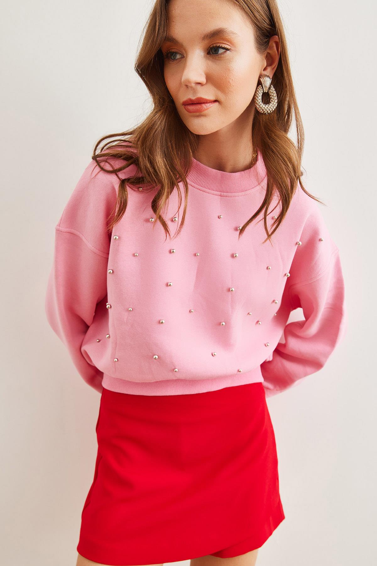 İnci Detaylı Şardonlu Crop Kalın Sweatshirt Şeker Pembe