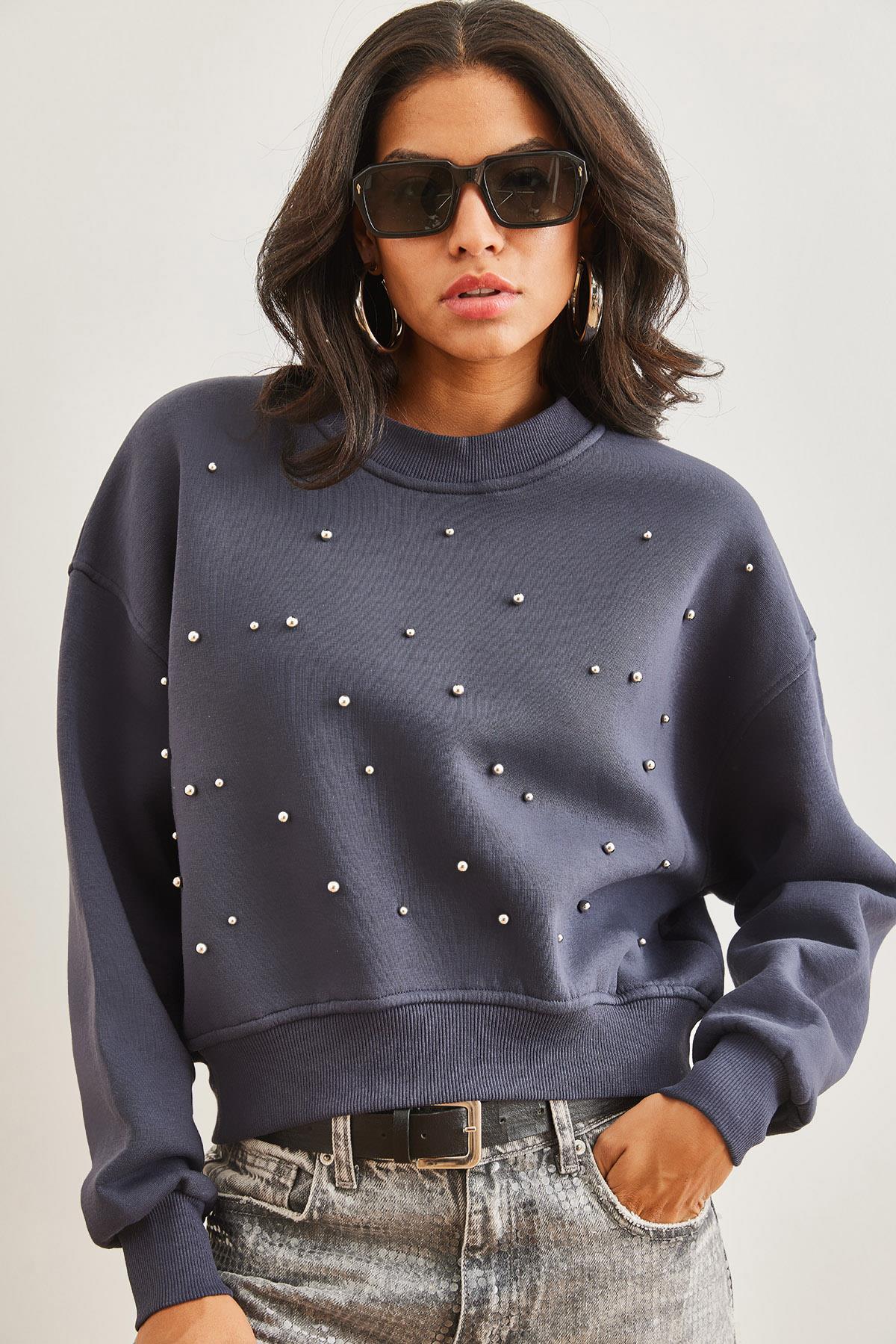 İnci Detaylı Şardonlu Crop Kalın Sweatshirt Antrasit