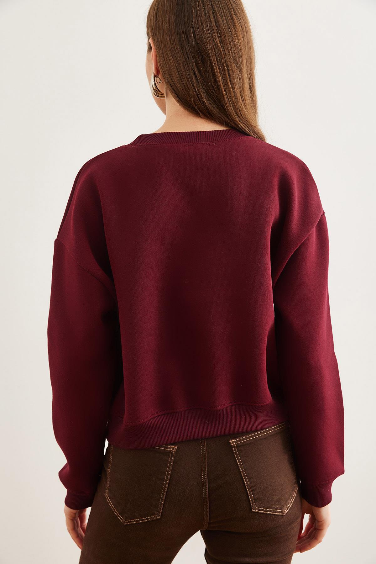 İnci Detaylı Şardonlu Crop Kalın Sweatshirt Bordo