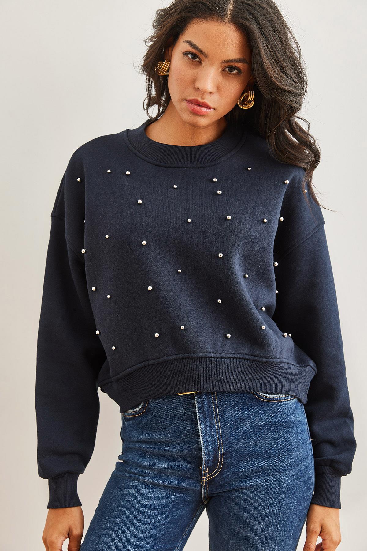 İnci Detaylı Şardonlu Crop Kalın Sweatshirt Lacivert