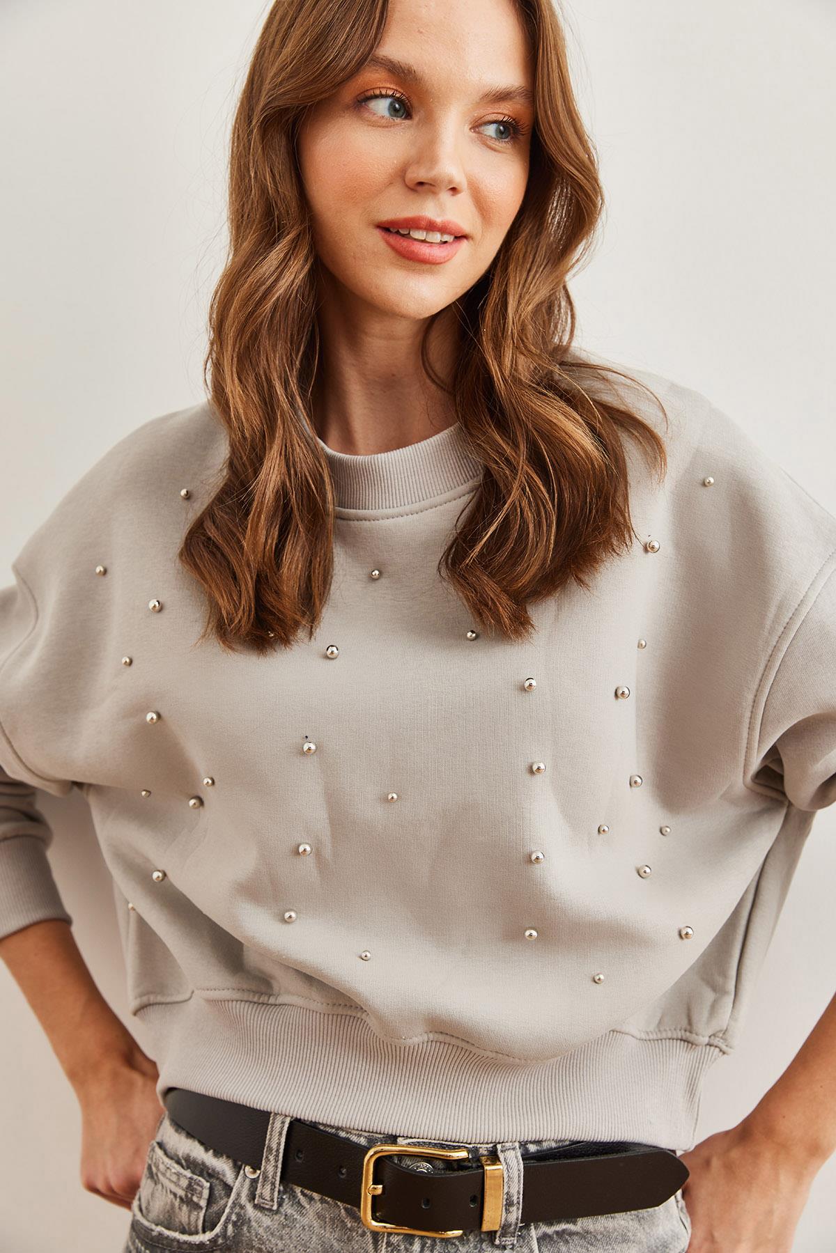 İnci Detaylı Şardonlu Crop Kalın Sweatshirt Yunus Gri